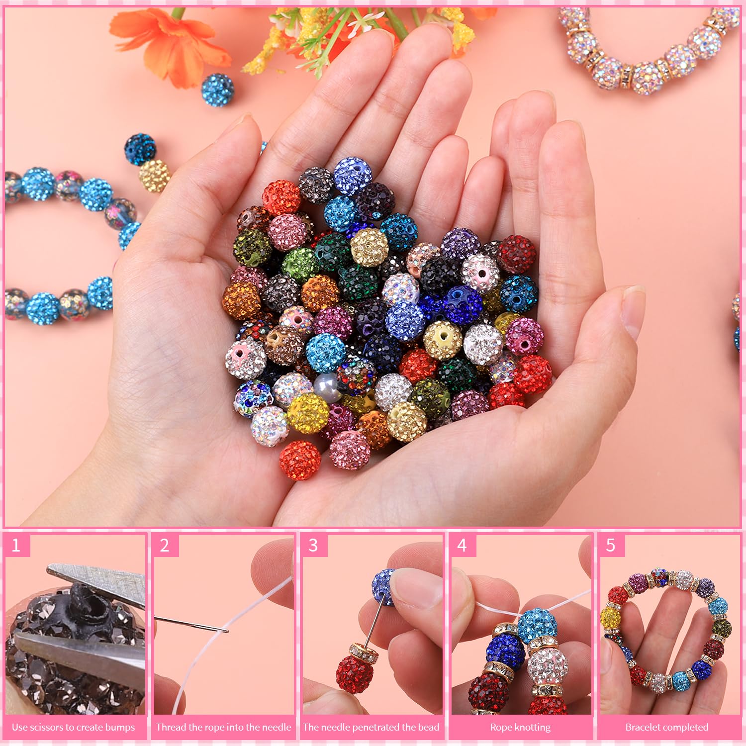 AIPRIDY Jewelry Making Beads Set, 590 PCS 10mm Round Mixed Color Rhinestone Clay Beads with Pearl and Floral Beads for DIY Bracelets, Necklaces