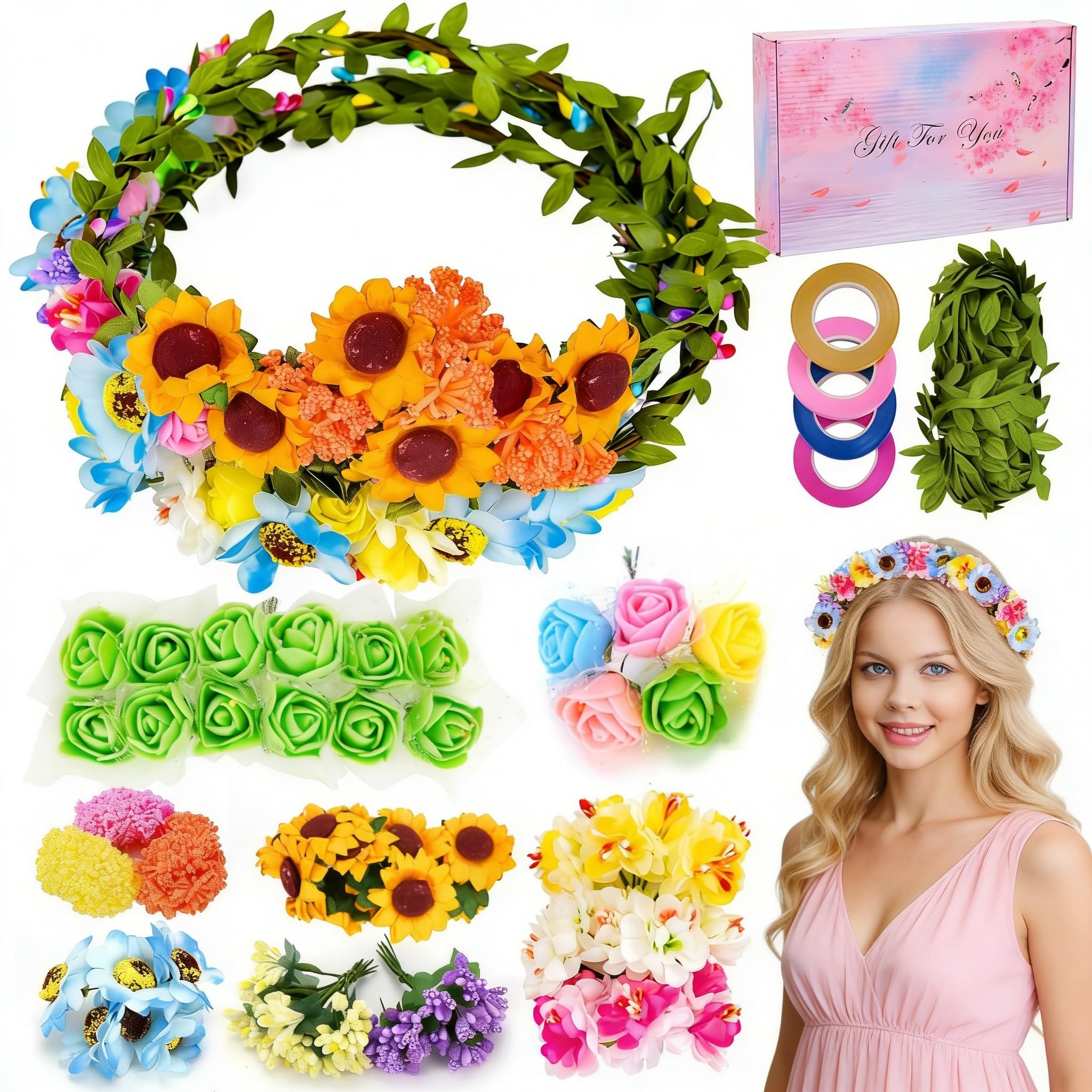 Meetory Couronne de fleurs à fabriquer - Couronne de fleurs pour cheveux décoration, Kit de bricolage DIY pour adultes, Kit de bricolage pour anniversaire femme coiffure, Fête de mariage/vacances