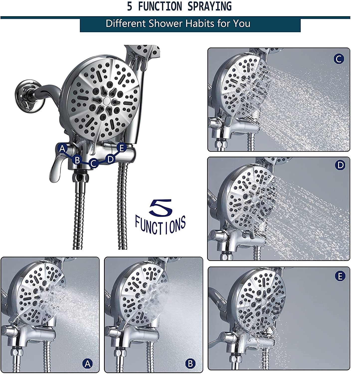 Shower Faucet Set with Valve, High Pressure 3-way Water Diverter Shower Trim Kit Chrome