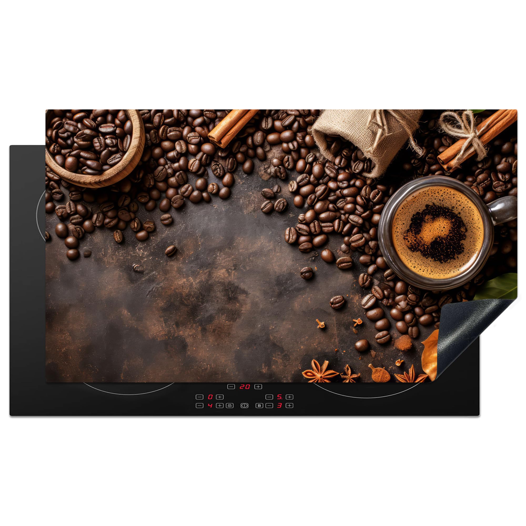 KitchenYeah© Induction Hob Cover Protector Mat 20.5"x35.9" / 91.2x52 cm Kitchen Universal Ceramic Covers for Electric Cookers Vinyl Coffee - Kitchen - Coffee Beans - Leaves