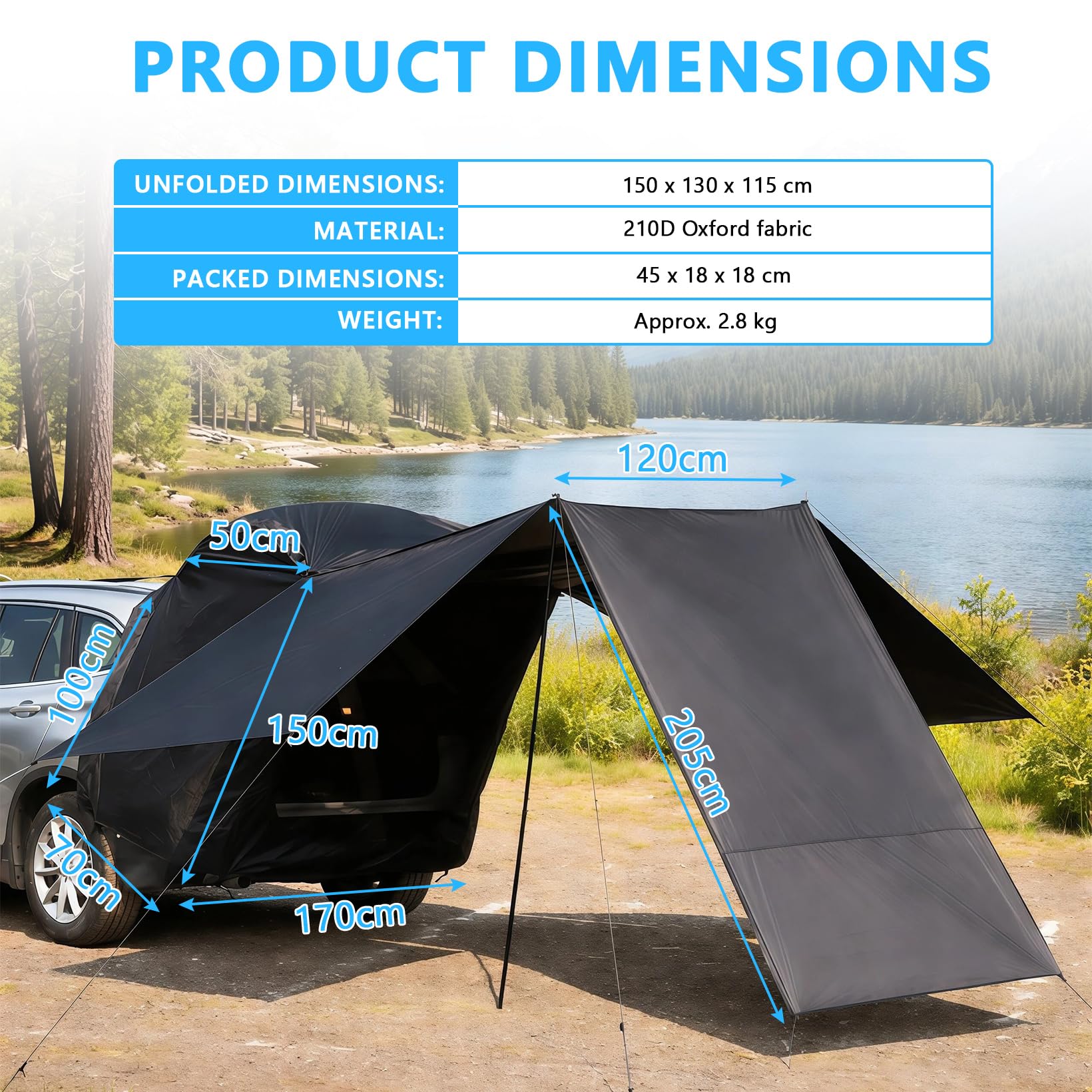 SUV Auto Heckzelt, Campingzelt für 3–5 Personen, Wasserdicht und UV-Schutz Markise, Heckklappenzelt mit Aufbewahrungstasche für Reisen, Camping (150 * 130 * 115cm)
