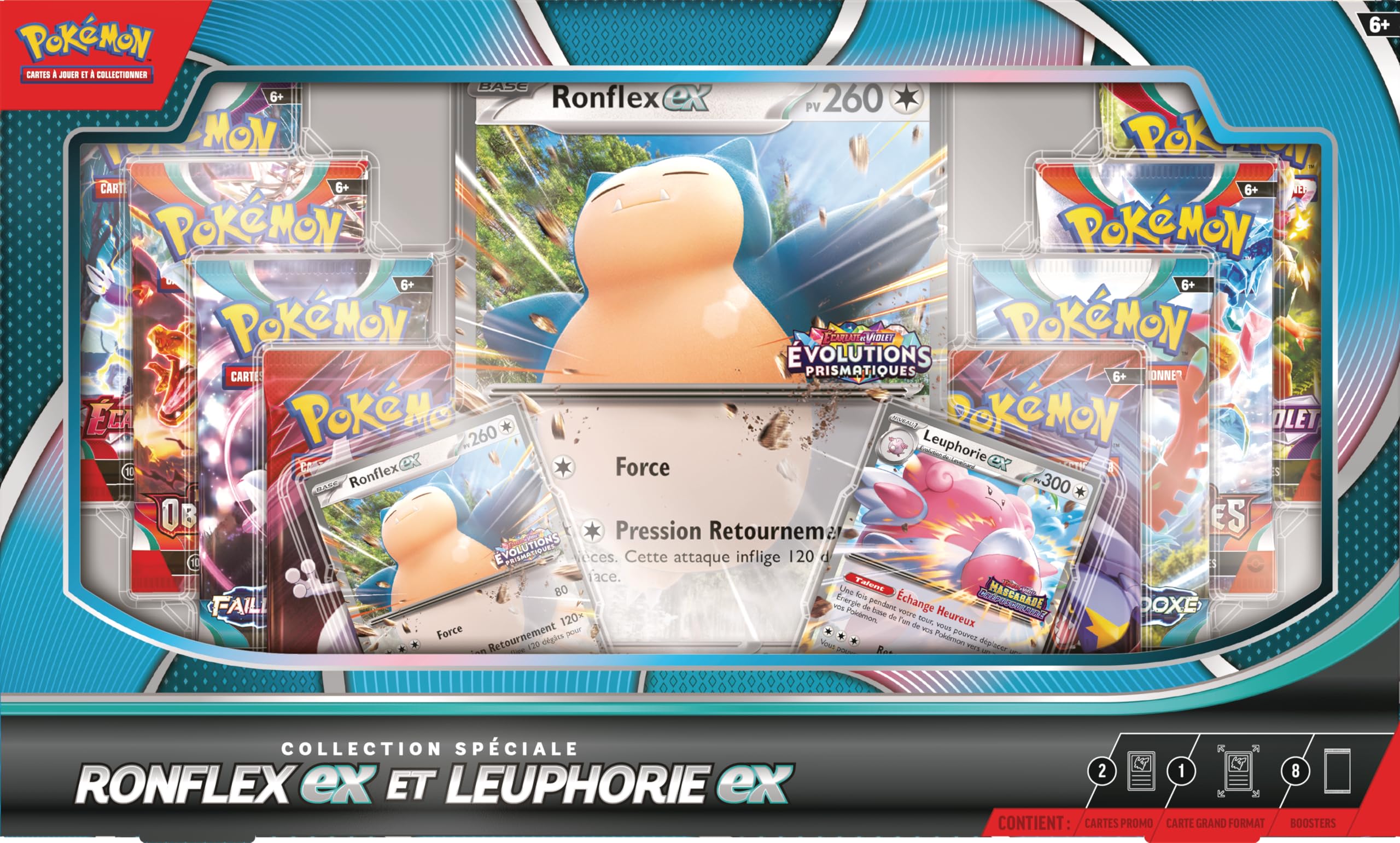 Pokémon : Collection spéciale Ronflex-ex et Leuphorie-ex du JCC Pokémon (2 Cartes Promo Brillantes, 1 Carte Grand Format Brillante et 8 boosters)