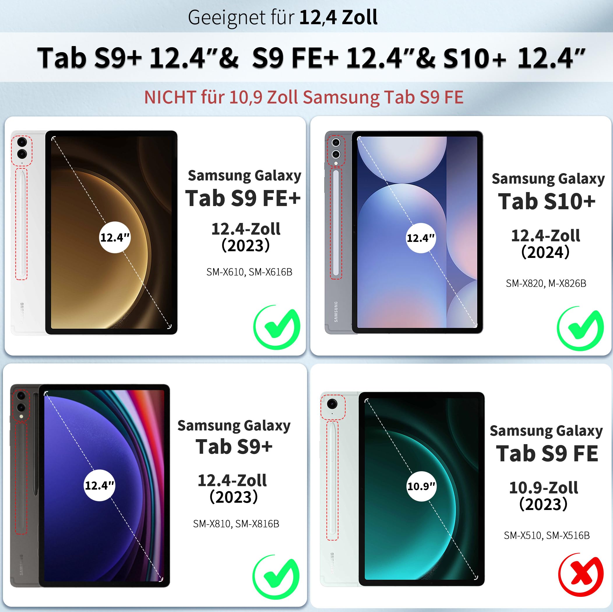 EasyAcc Custodia per tastiera compatibile con Samsung Galaxy Tab S9 FE+ / S9+ / S9 Plus / S10+ 12.4 pollici 2023/2024 con pellicola protettiva, QWERTZ Tedesco, custodia rimovibile con supporto per