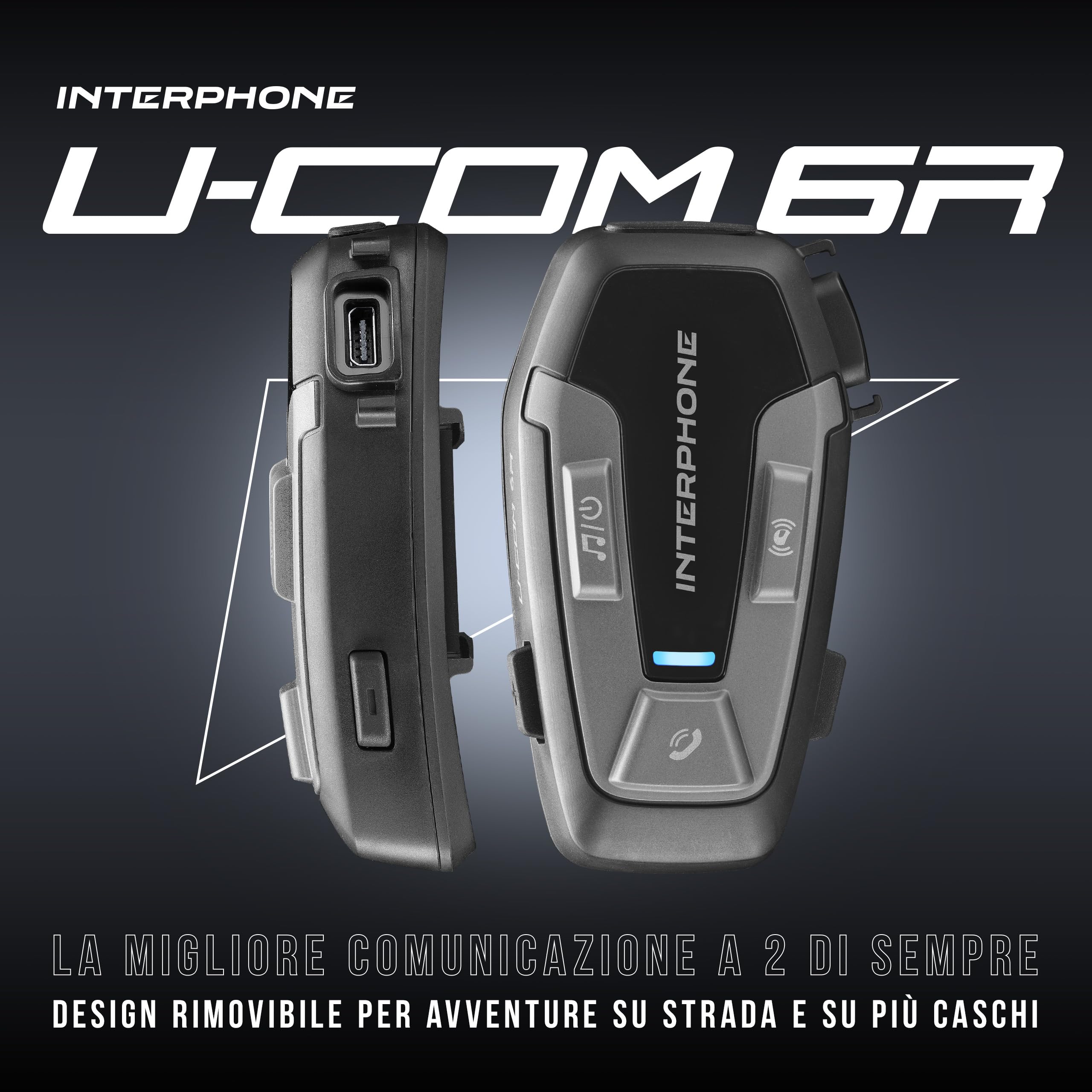 INTERPHONE U-Com6R Interfono Moto Bluetooth 5.2 Rimovibile Batteria 15 ore Autonomia 1 Km Compatibile TFT GPS Impermeabile Speaker 32mm