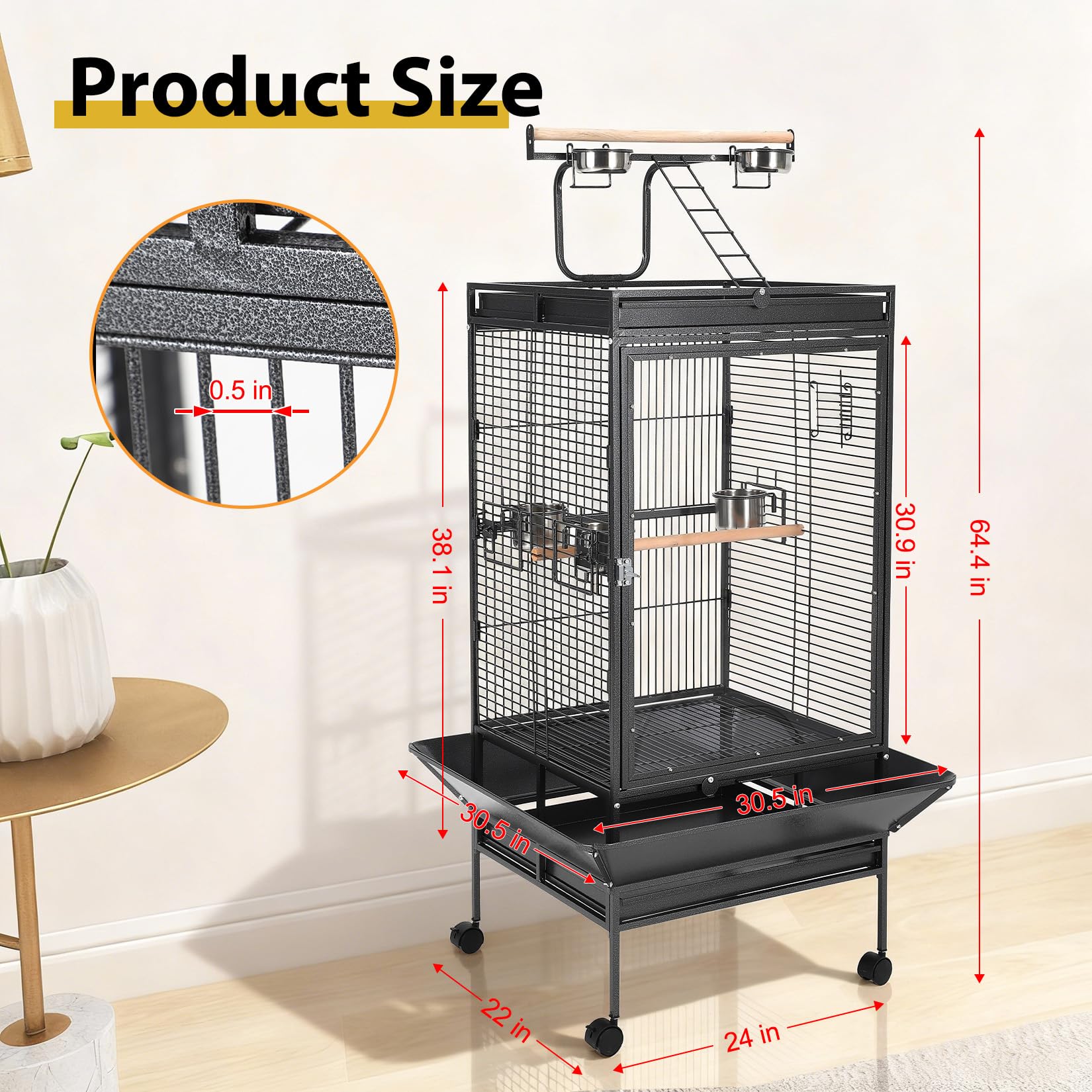 Grande Gabbia per Uccelli in Metallo con Porta in Acrilico,voliera su Ruote con Posatoi,Ciotole in Acciaio Inox,Vassoio Estraibile E Ruote per Pappagalli,cacatua,Ara Black 64.96 Inches