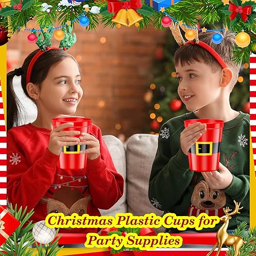 Miniatura 4 de Dandat 100 vasos de plástico de Navidad a granel de 16 onzas, traje de Papá Noel, vasos de Navidad reutilizables para estadio para adultos y niños,