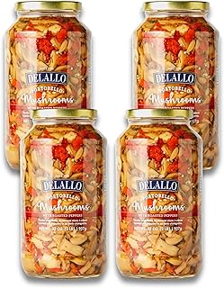 DeLallo Portobello Mushrooms With Roasted Peppers, Packed in Tangy Garlic Marinade, Ready-to-Serve Antipasto, Non-GMO, Gluten Free, Vegan, 32 oz Jar, (4 Pack)