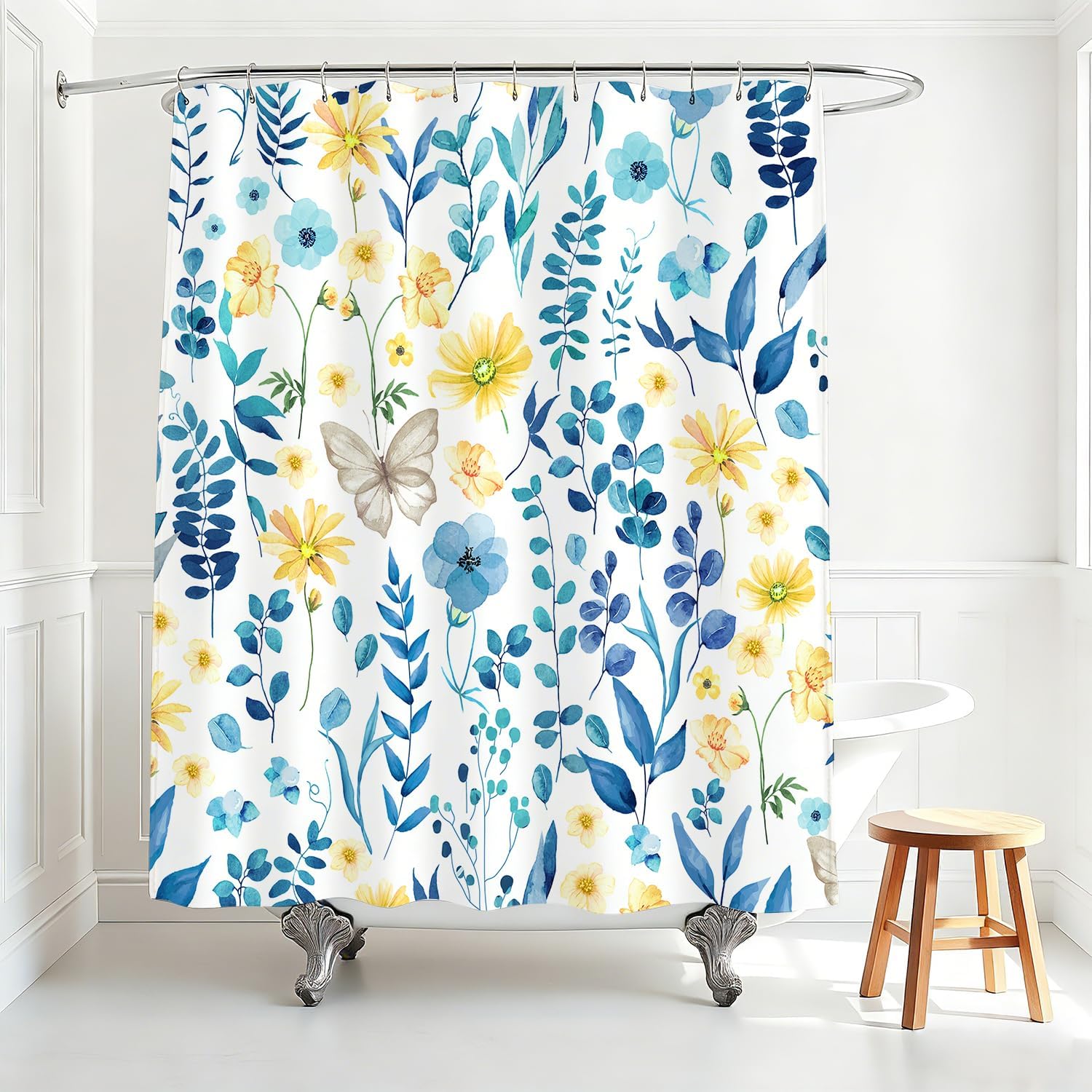 Floral Shower Curtain, Yellow Blue Floral Shower Curtains for Bathroom, Spring Watercolors Wildflower Butterfly Waterproof Shower Curtains Set with Hooks, 84x72 Inch