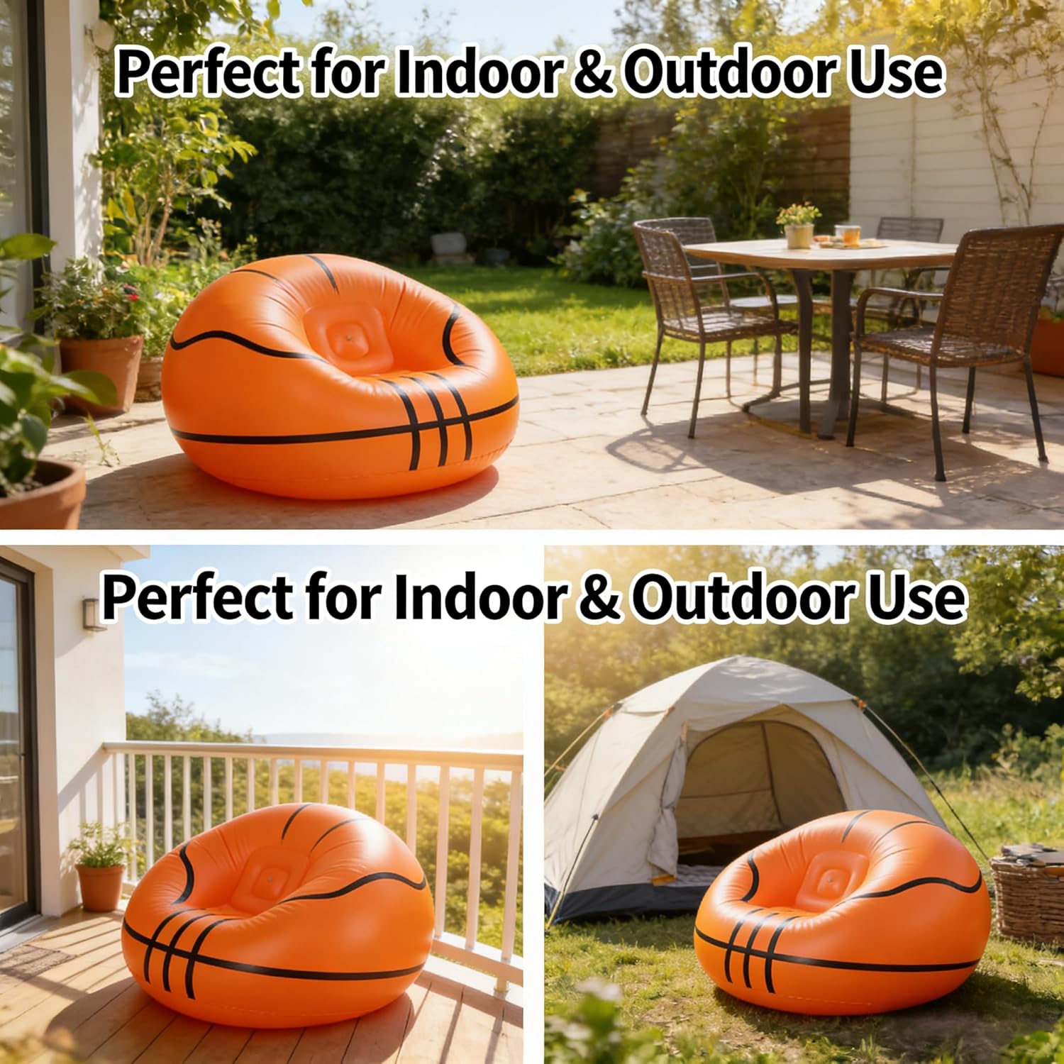 Inflatable Basketball Chair, Orange and Black, Indoor and Outdoor Lounge Sofa, Sports Theme Seating, Round Shape, Adult Size (Contemporary)