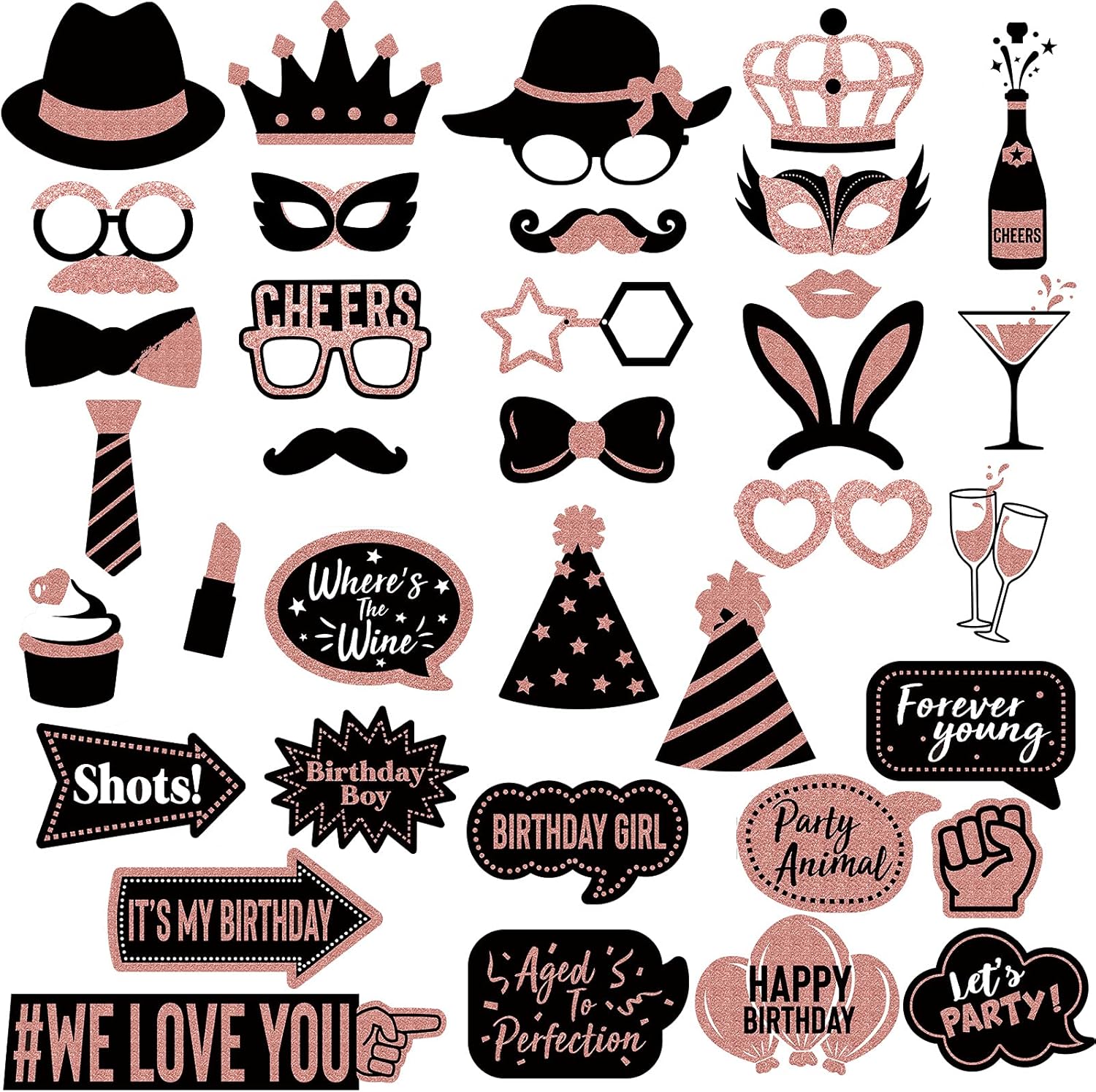 36 Pieces Rose Gold Birthday Photo Booth Props, Large Rose Gold Birthday Party Photobooth Props with Glitter for Girl Woman Birthday Parties Supplies : Home & Kitchen