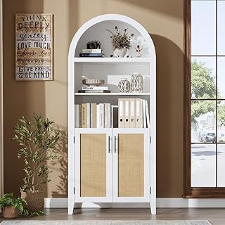 GarveeHome Arched Bookcase with Doors - 5 Tier Open Display Shelf with Rattan Decor, Modern Bookshelf Storage Cabinet for Home Office Living Room Library, White
