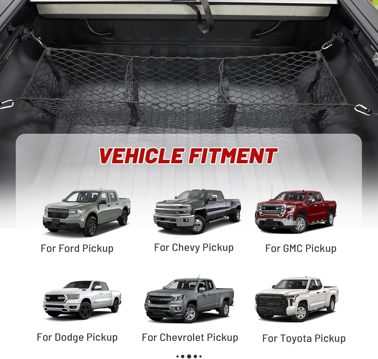 RED WOLF 3 Pocket Truck Bed Cargo Net for Toyota Ford Dodge GMC Chevy Silverado, Universal Pickup Mesh Storage Net 47.2" x 11.8" Stretchable Elastic Truck Bed Grocery Holder Net with 4 Ball Bungees - Image 4