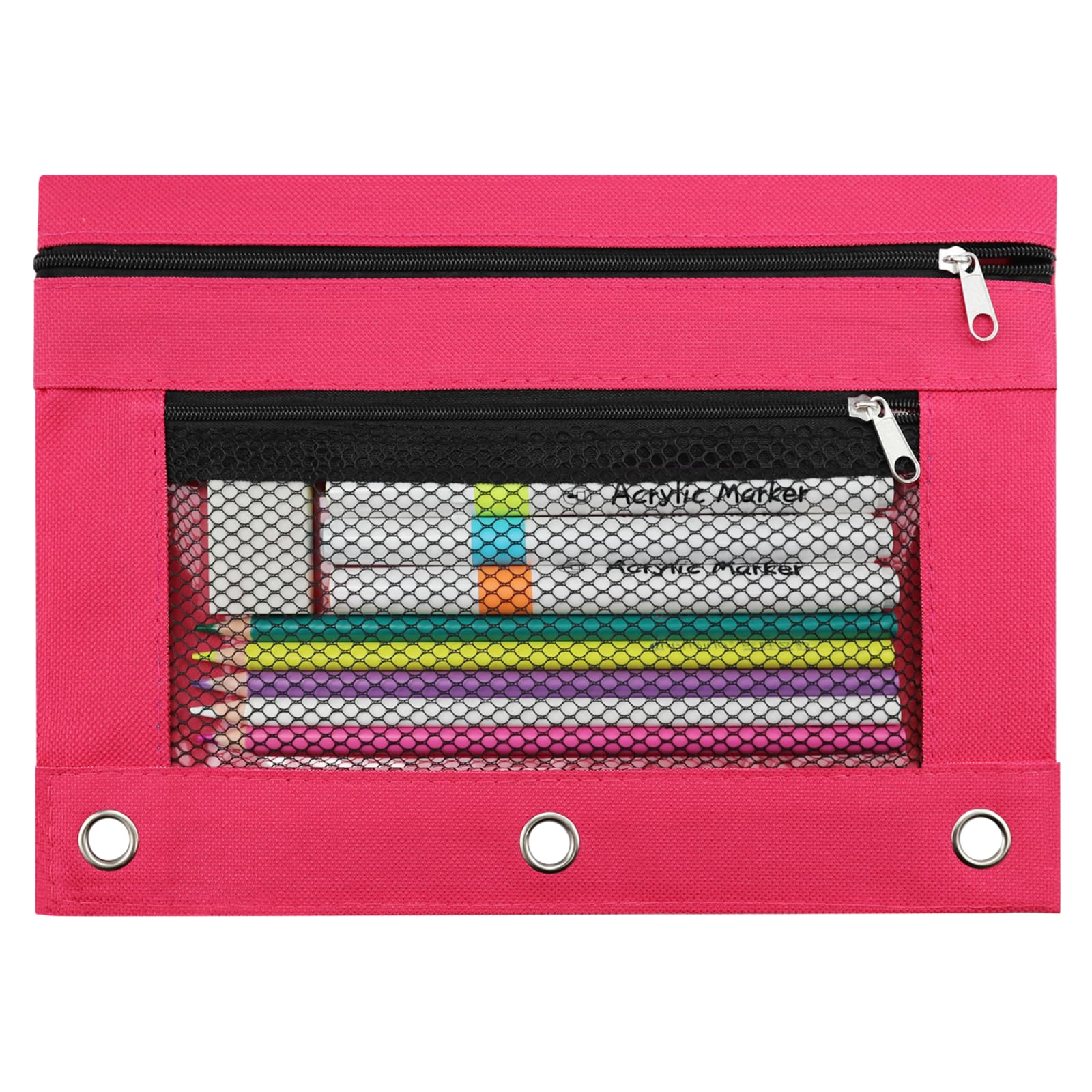 3 Ring Pencil Pouch for Binder, 2-Pocket Zipper Pencil Case with Clear Window &amp; Mesh Pocket, 600D Oxford Fabric Binder Pouch for School Office Supplies, Fits Standard 3-Ring Binders, Rose Red