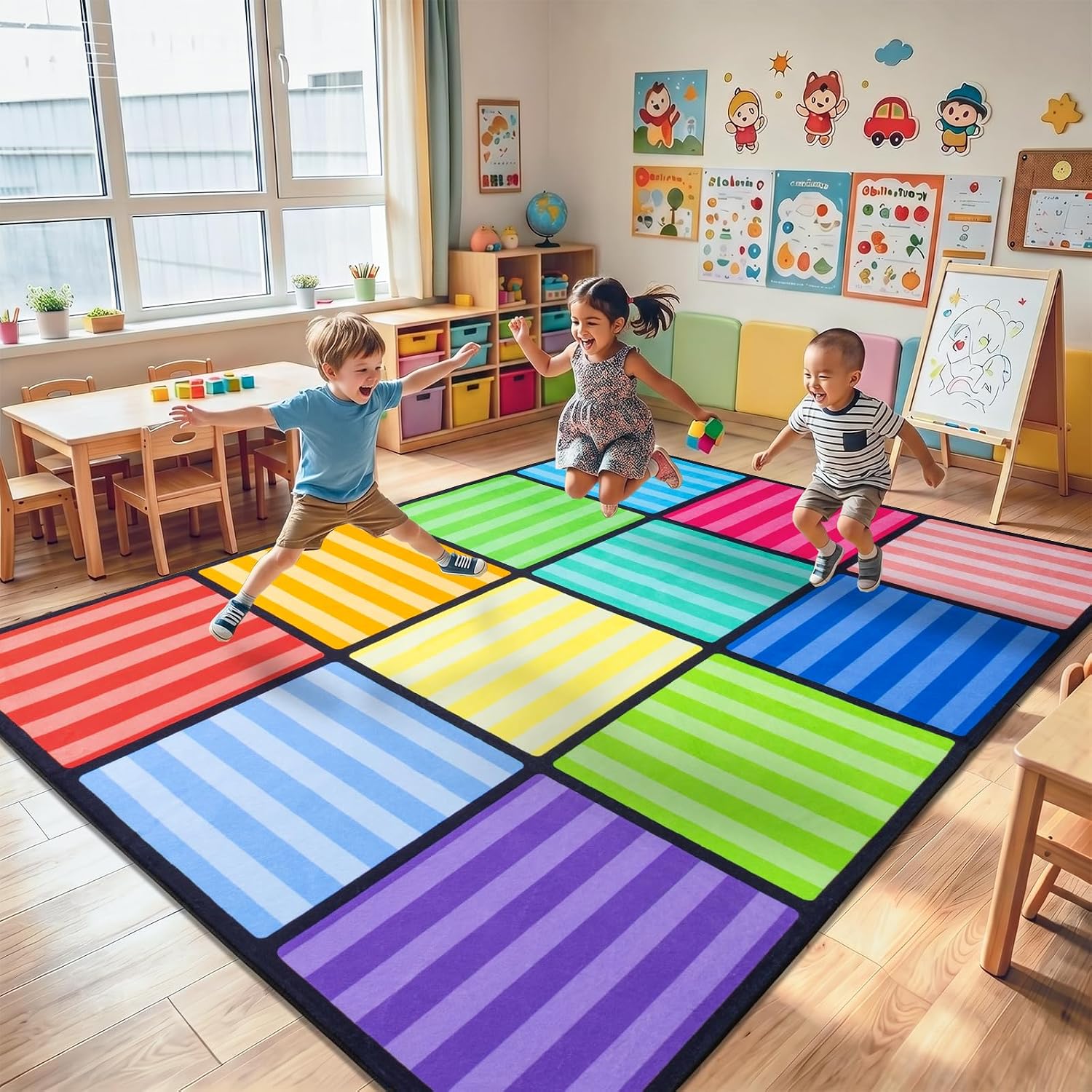 12-Seat Color Striped Classroom Rug 6x9 for Preschool Elementary Daycare