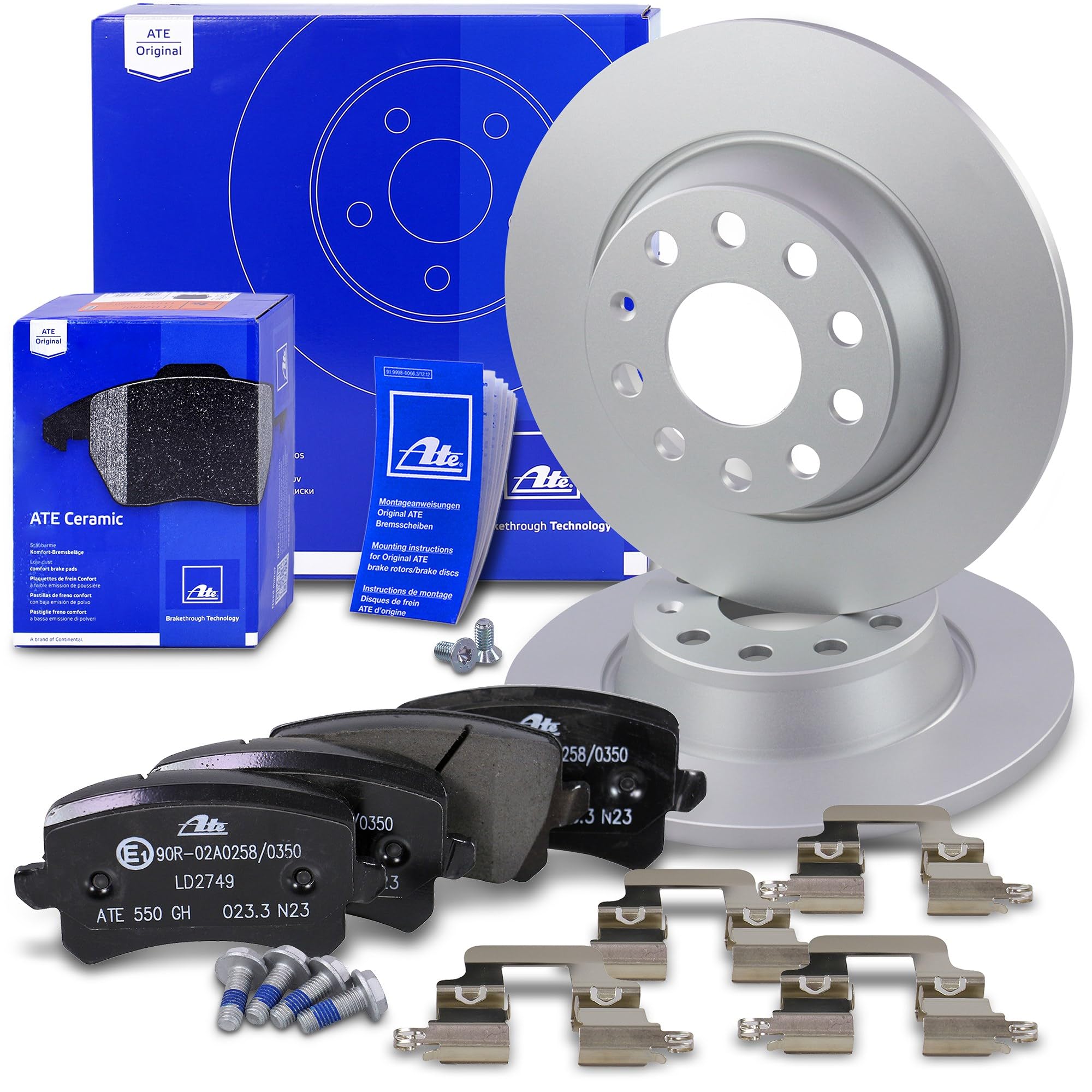 ATE Bremsenset Hinterachse inkl. Bremsscheiben hinten Ø 282 mm voll und Ceramic Bremsbeläge hinten Kompatibel mit AUDI Q3 (8UB, 8UG), SEAT ALHAMBRA, VW CC B7, PASSAT B7 + B8, SHARAN, TIGUAN