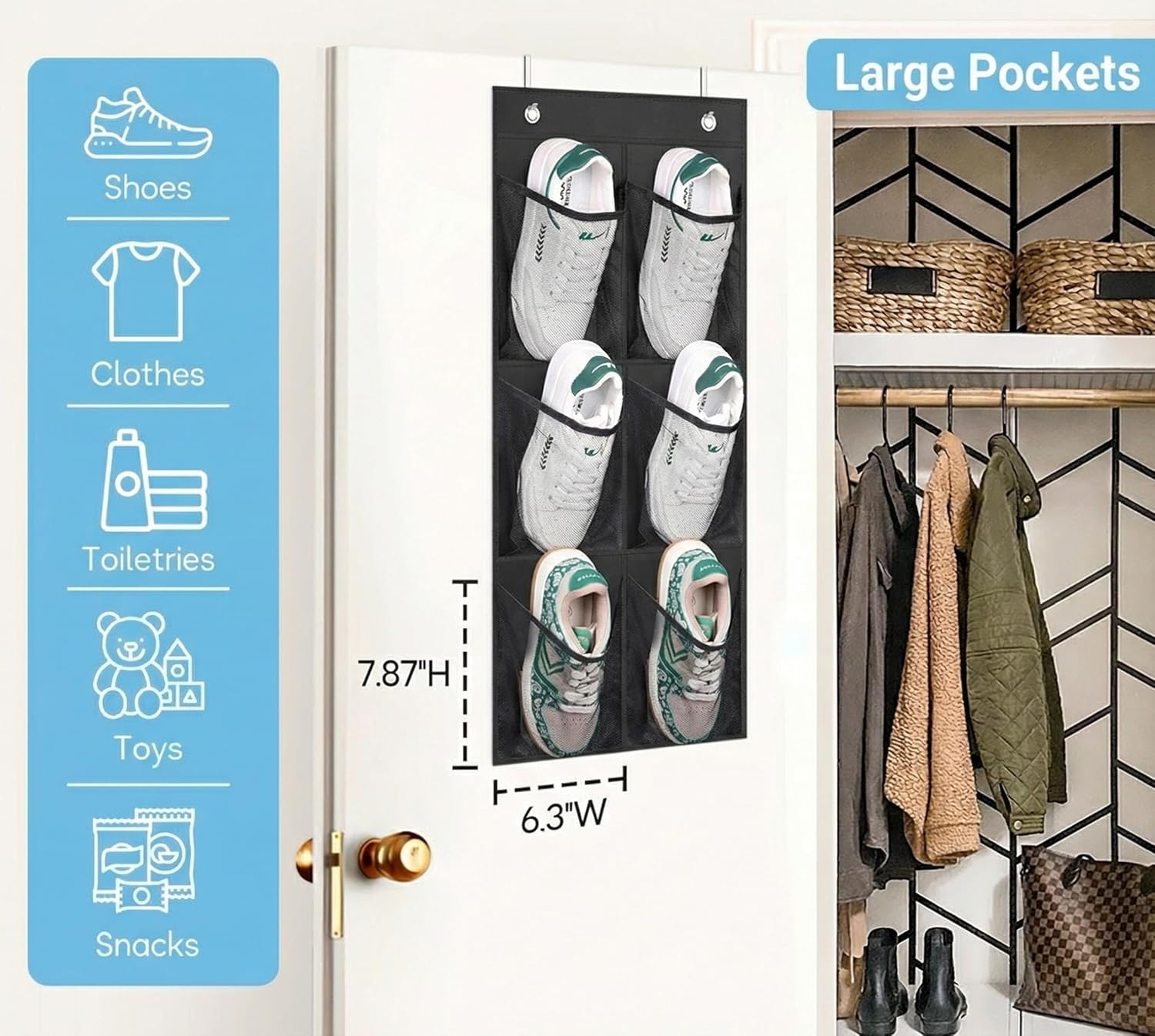 MISSLO 2 Packs Narrow Door Shoe Storage Over Door Organiser Small Hanging Shoe Rack Holder Hanger for Wardrobe with Clear Mesh Pocket for Bathroom, RV, Pantry, Camping (Black)