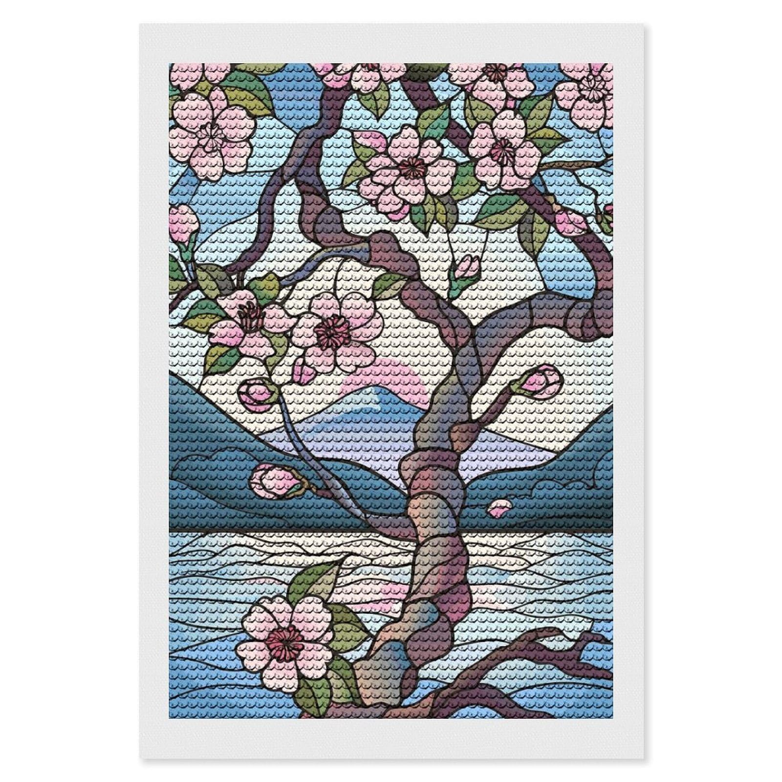 Junmoney Stained Glass Cherry Blossoms and Mountain Diamond Painting Canvas Set 8"x12", for Women, Mindful Craft Activity, Cosy Home Accent, Festive Craft Gift