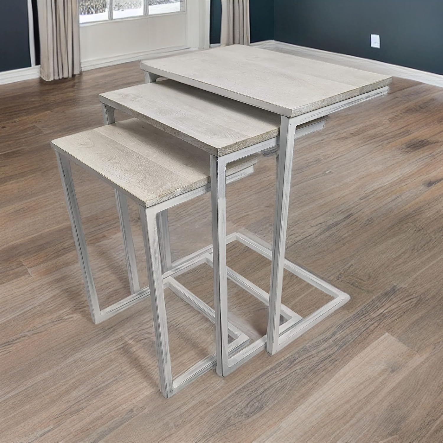 Carolina Chair & Table Rectangular 3-Piece Nesting Table Set - Whitewash Wooden Top Alloy Steel Frame Space-Saving Furniture, Modern Accent Tables for Living Room and Bedroom (Whitewash)
