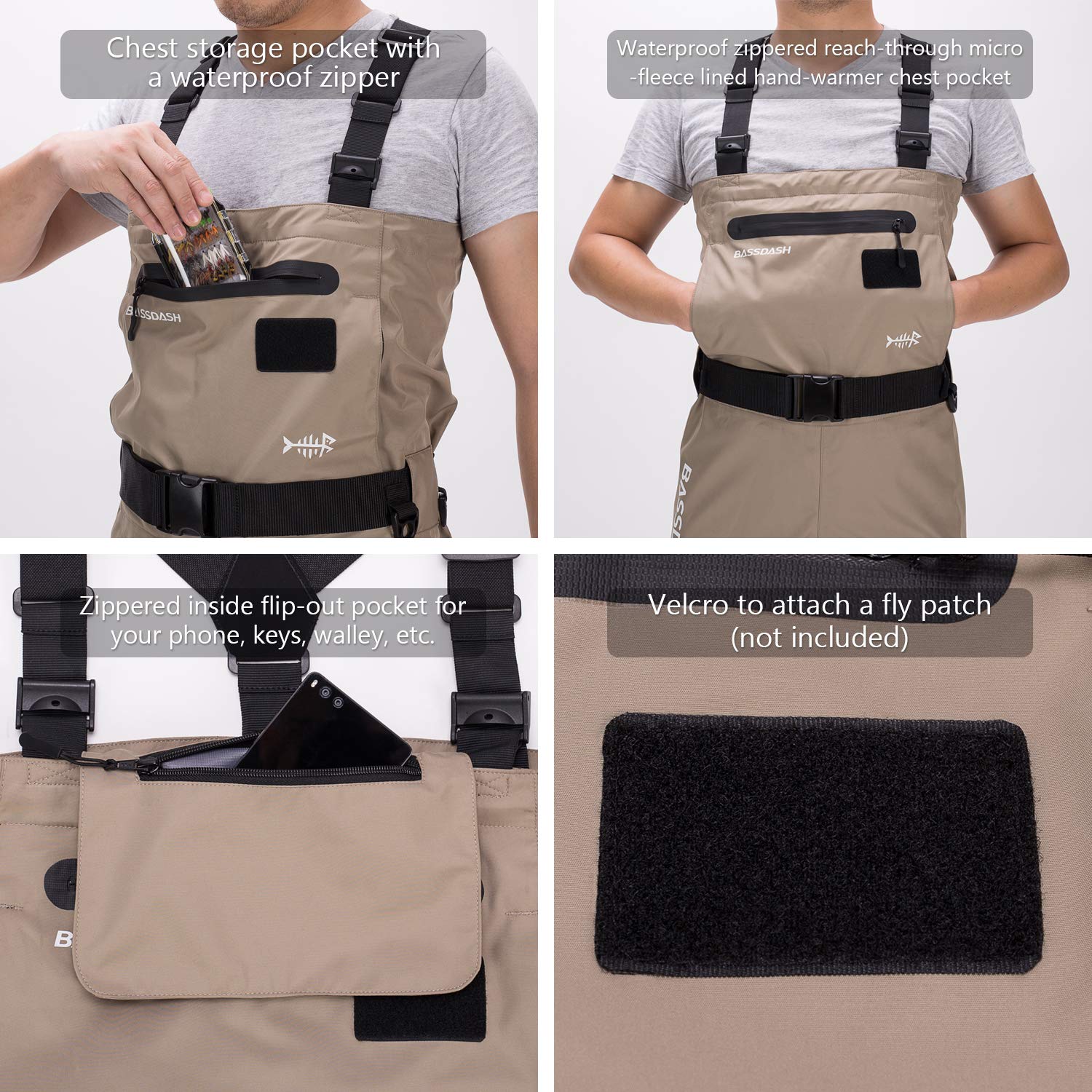 Bassdash Waders Respirants Convertibles Poitrine/Taille pour Pêche et Chasse à Pieds Chaussettes pour Hommes