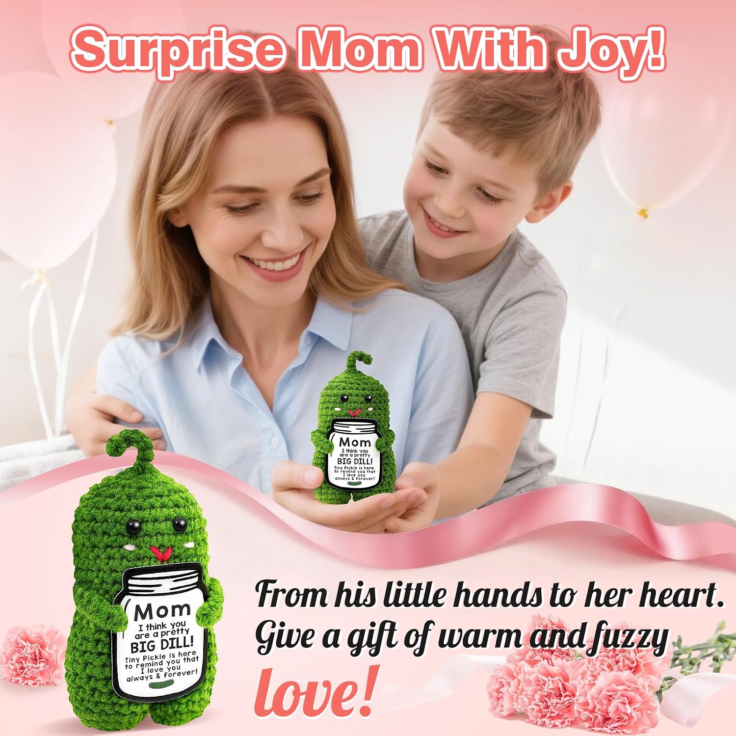 Mothers Day Birthday Gifts for Mom from Daughter Son, Handmade Crochet Pickle Gift for Mom Mama Mother in Law Bonus Step, Emotional Support Moms Gifts Idea, Mother's Day Funny Gift Pocket Hug