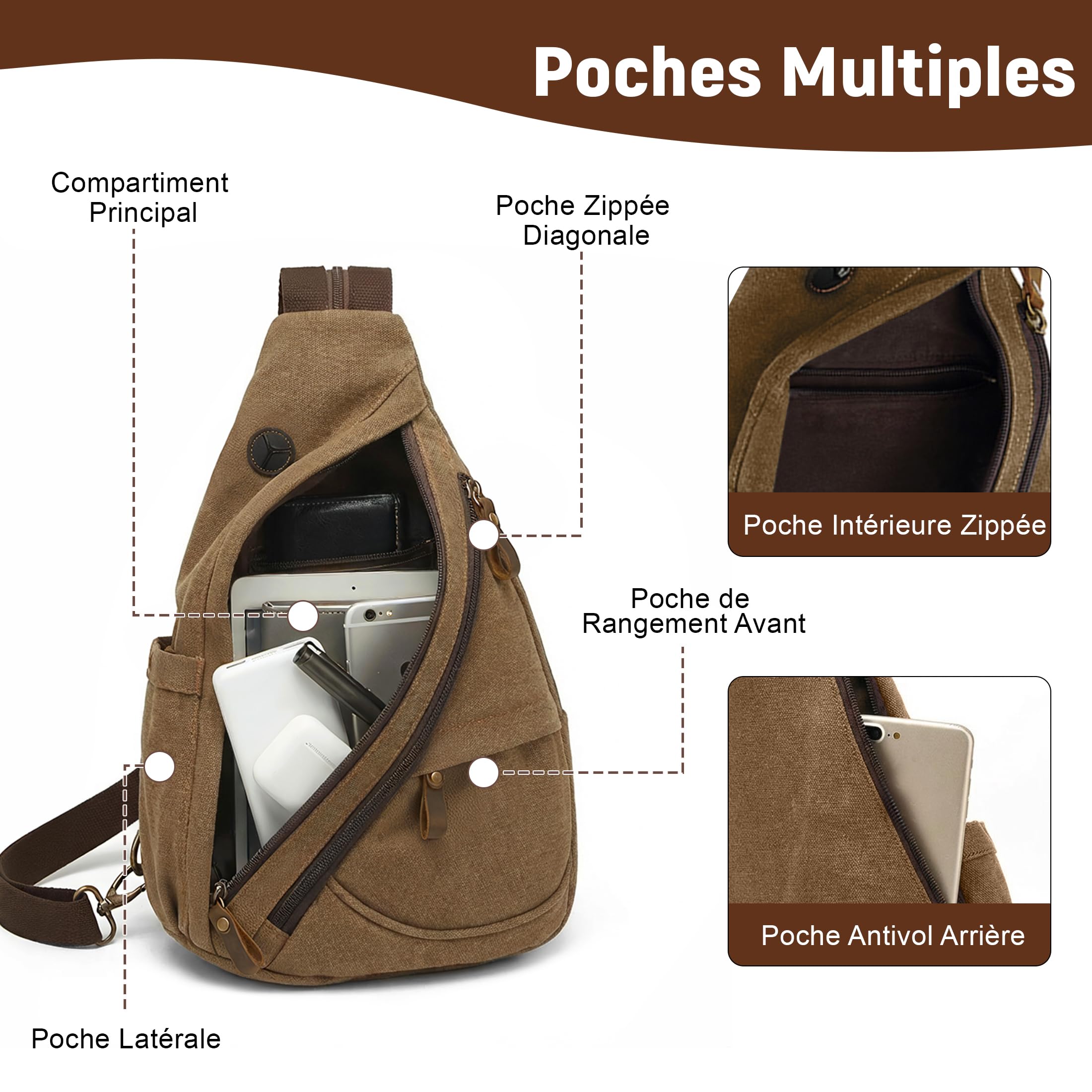 VARLIVOO Sling Bag Sacs à Bandoulière pour Hommes Sac de Poitrine Crossbody Bag Voyager Randonnée Alpinisme Camping Cyclisme L'école Toile Sling Sac à Dos Marron B