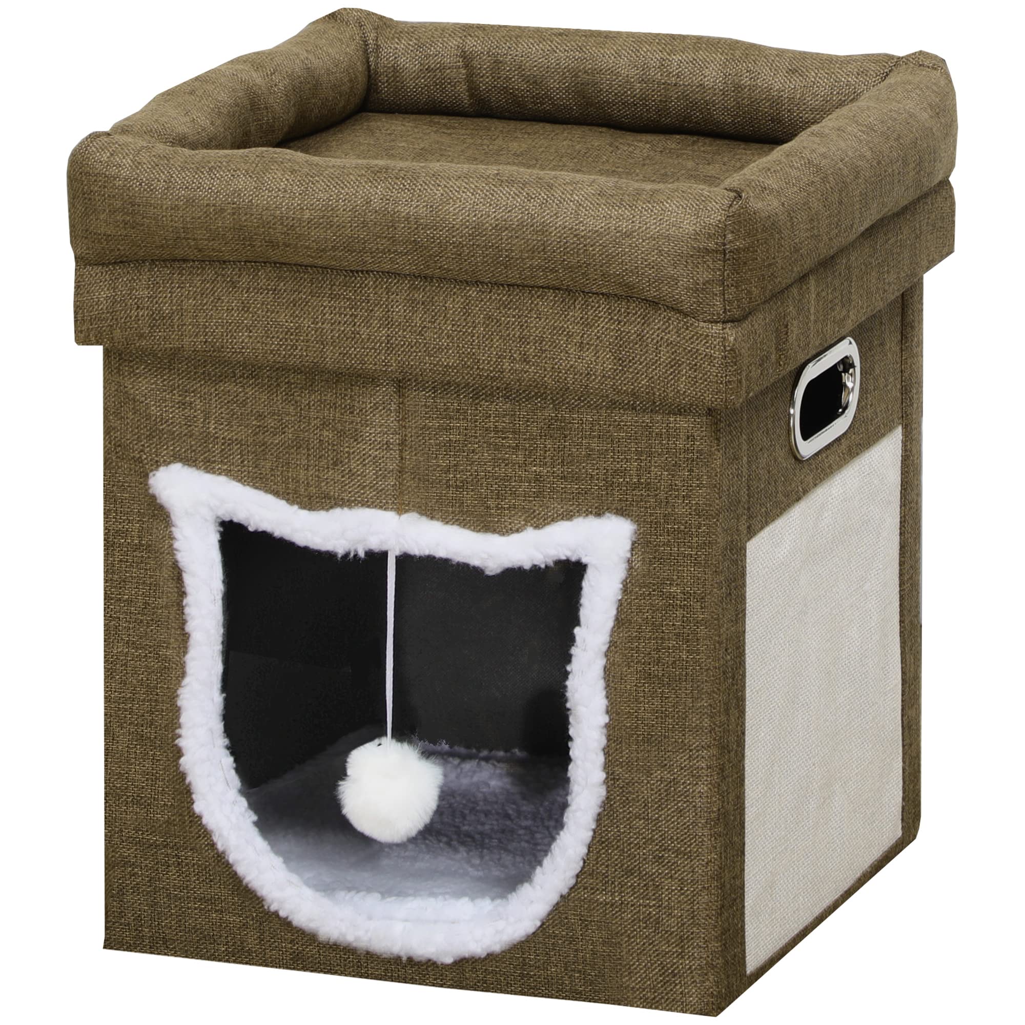Pawhut Cama Cueva para Gatos Caseta para Gatos con Cama Superior Tablero de Rascador Cojín Suave Bola Colgante y Marco de Madera 39x39x42 cm Marrón