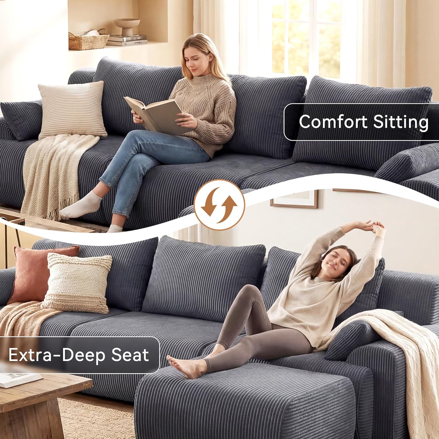 GRUSIGN 118'' Sectional Boneless Oversize Modular Couches, Curved Cloud Sectional Couches for Living Room,Rounded Corner Design L Shape Deep Seat Family Sofa with Ottoman & 3 Throw Pillows, Grey | Premium Corduroy, No Assembly Required, Rounded Corner, High-Resilience Foam, Ergonomic Support, Flexible Modular