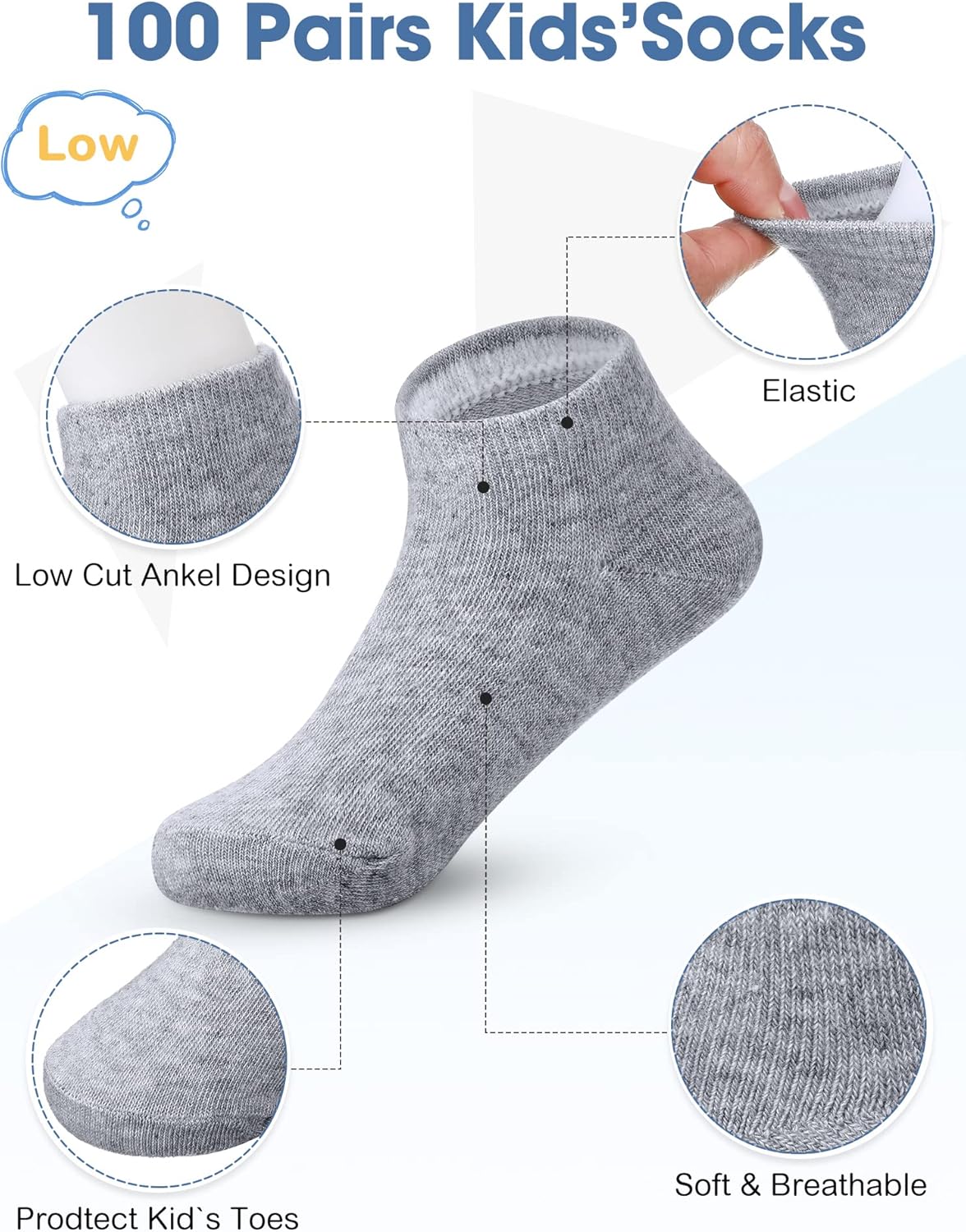 Foaincore 100 Pairs Toddler Ankle Socks for Boys Girls 2-4 Years Old Bulk Kids Low Cut Half Cushion Athletic Socks