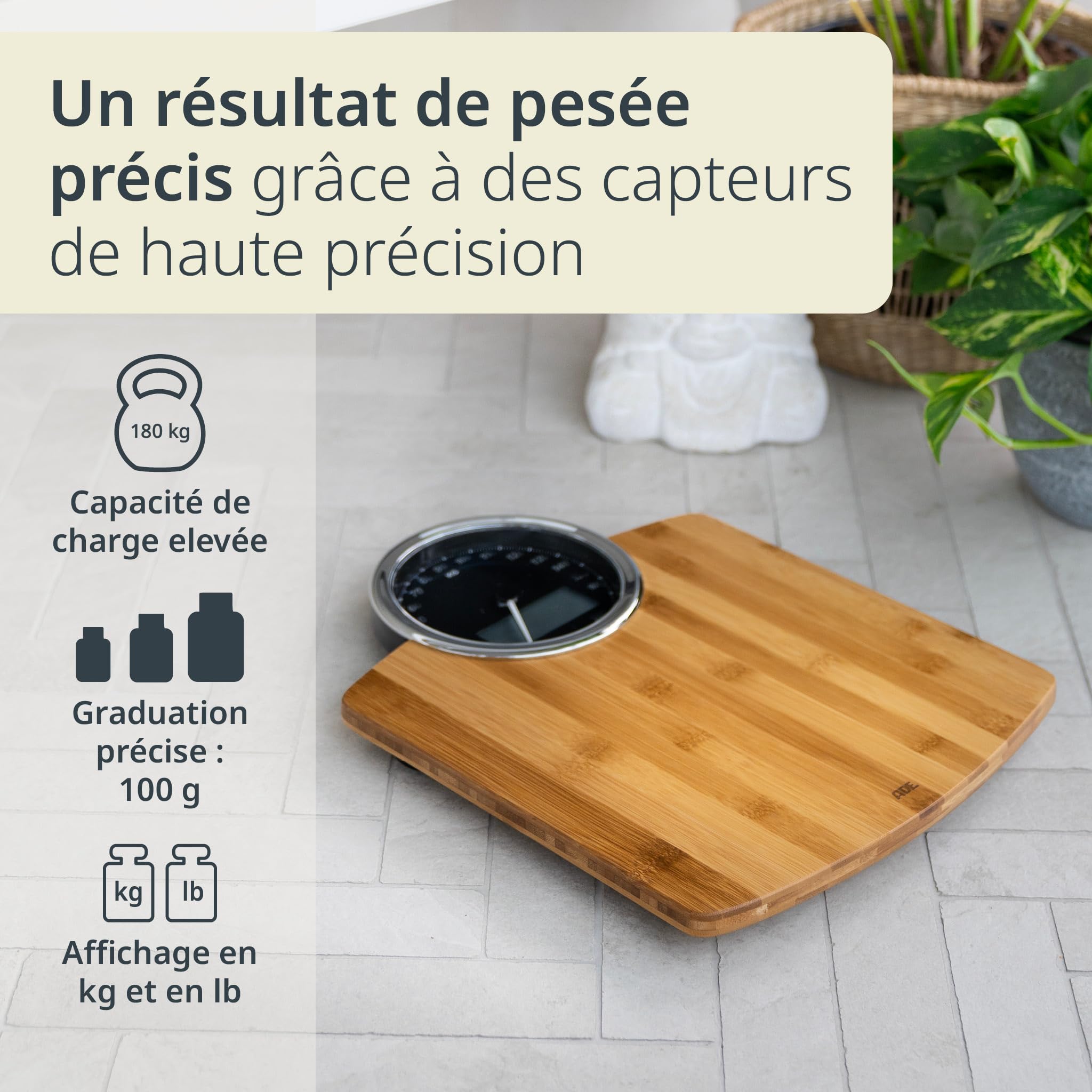 ADE Balance Pese personne numérique avec affichage analogique | grand écran | résultats très précis jusqu'à 180 kg | surface de pesée en véritable bois de bambou