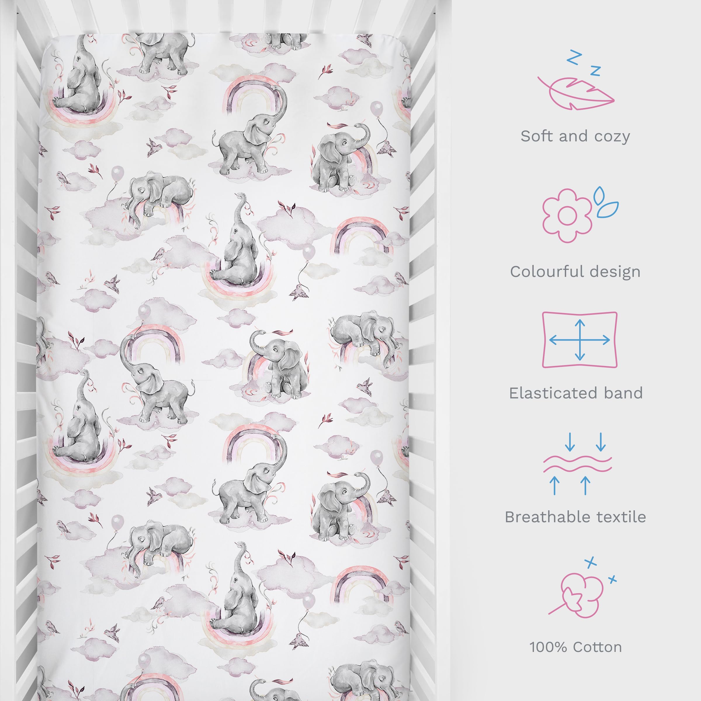 Baby Comfort 100% Cotton Fitted Sheet to fit 100x50 cm Baby Mini Cot (Pink Elephants) - Image 2