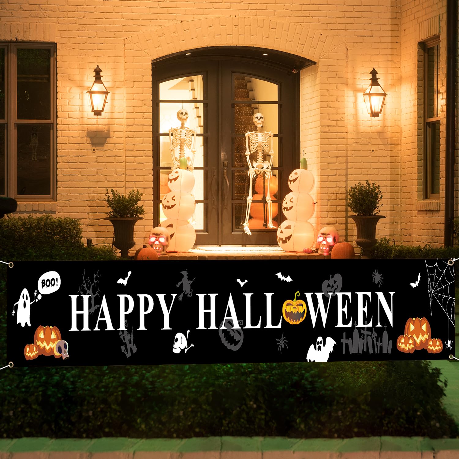 Large Happy Halloween Banner Halloween Decorations - Black and White Halloween Yard Sign Backdrop Hanging Decorations for Indoor Outdoor Halloween Party Supplies(9.8x2ft)