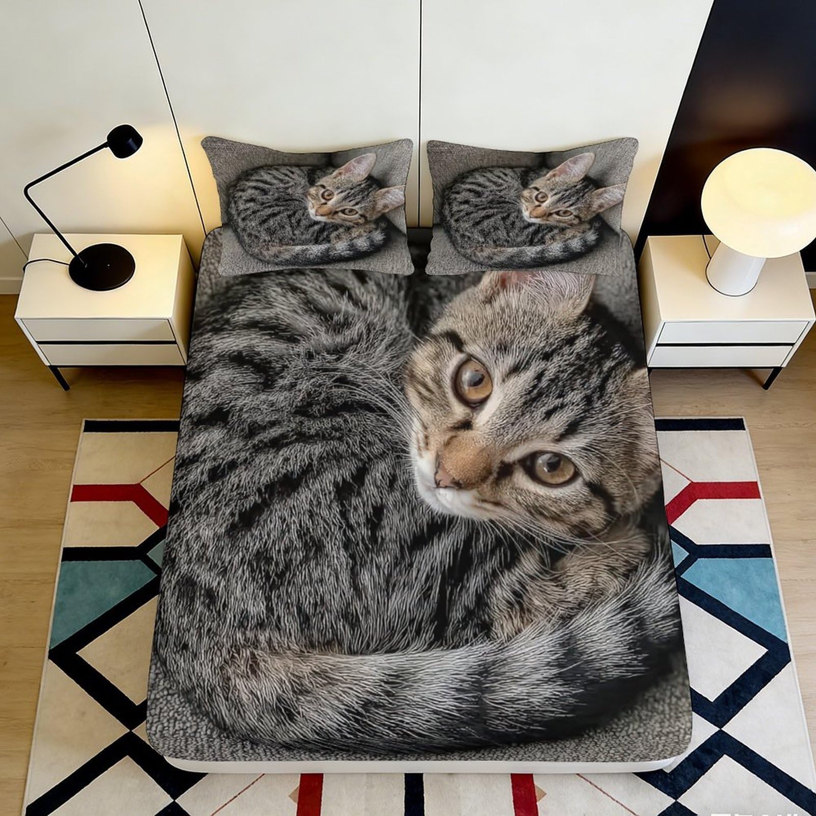 Jqzkxnhpbr Style-8 3D Printed Grey Tabby Cat Fitted Sheet Microfiber Soft Slip-Resistant Bed Cover For Bedroom Guest Room Machine Washable 90X200x25cm
