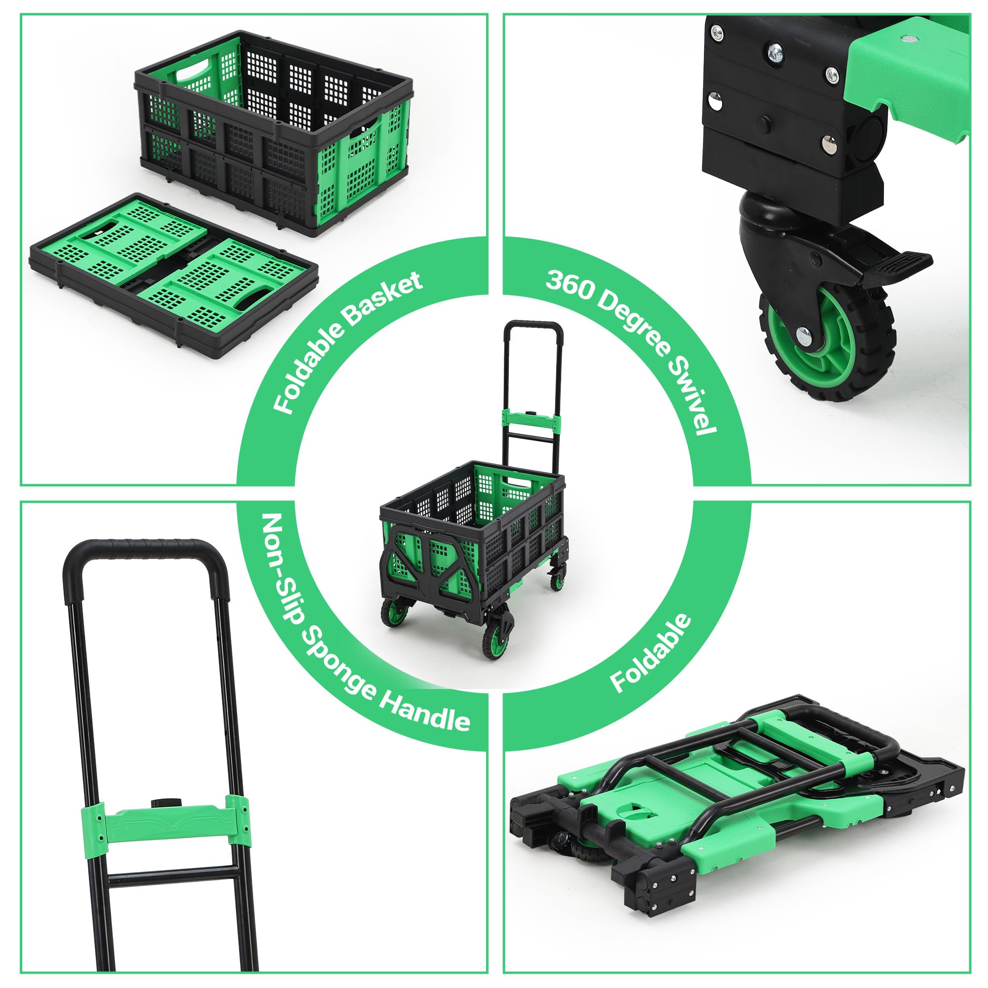Garvee Carretilla de mano plegable 2 en 1, capacidad de carga de 150 kg con 2 cuerdas elásticas, carrito de plataforma de metal resistente con mango telescópico, carrito de mano portátil para almacén