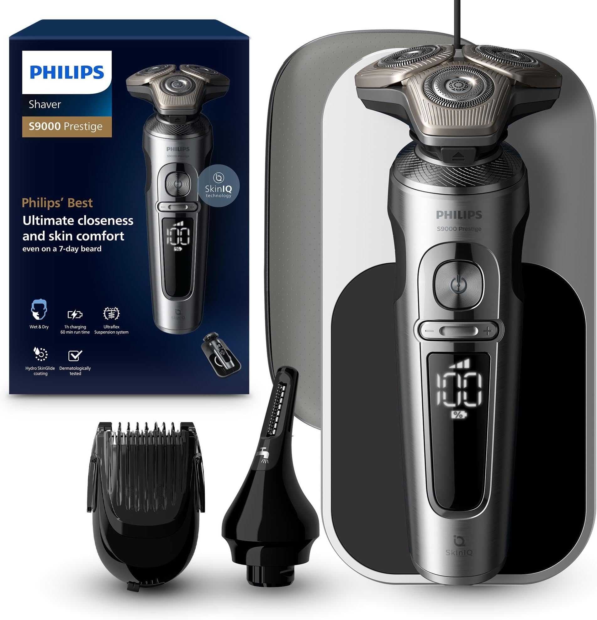 Shaver Series 9000 Prestige, Wet and Dry Electric Shaver, Bright Chrome, Lift & Cut Shaving System, SkinIQ Technology, Qi Charging Pad, Beard Styler, Nose Trimmer, Model SP9871/22