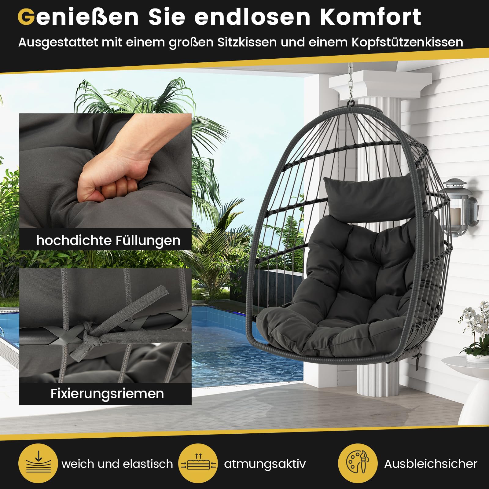 COSTWAY Hängesessel, Faltbarer Hängekorb Sessel aus PE-Rattan mit weichem Kissen, Hängeschaukel, Hängesitz mit Hängezubehör, Hängestuhl für Indoor und Outdoor, Grau