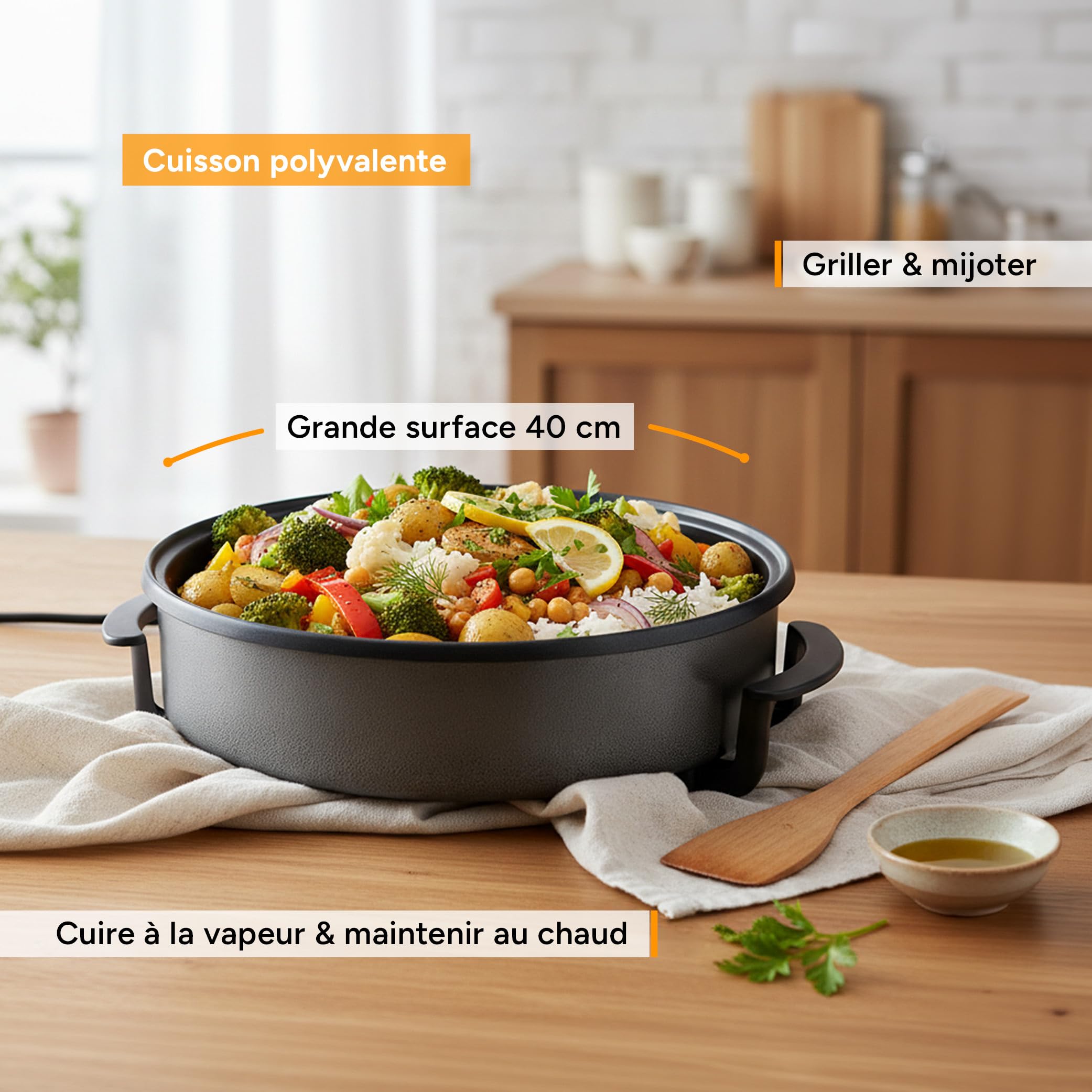 TZS First Austria - Poêle Électrique Multicuisseur 6,5L - Ø40cm - 1500W - Thermostat Réglable 5 Niveaux (jusqu'à 240°C) - Couvercle en Verre & Revêtement Antiadhésif - Idéal Fêtes et Paëlla - Gris