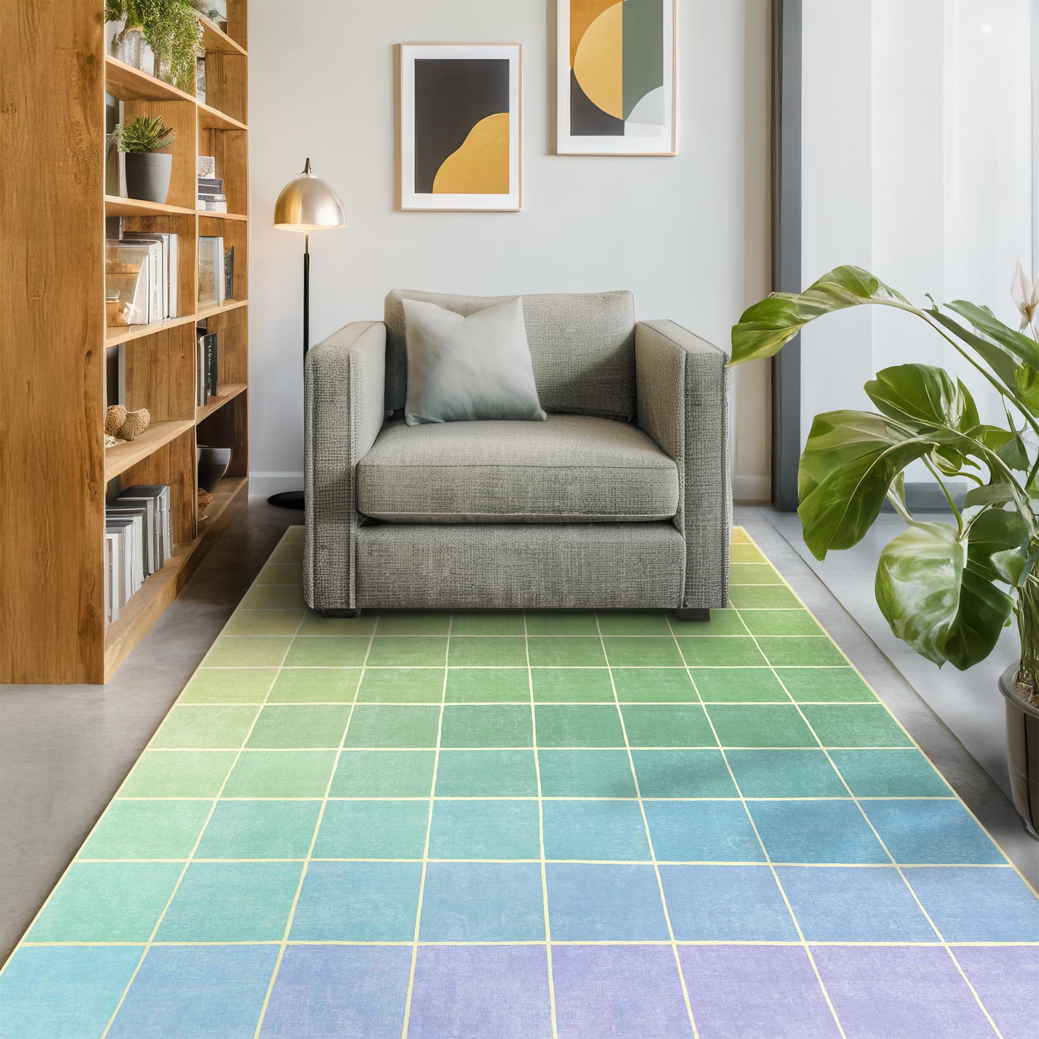 Light and Colorful Rainbow Rug 5x7, Green Checkered Retro Eclectic Rainbow, Washable Area Rugs Non Slip Low Pile for Nursery Living Room Bedroom Girls Boys Unisex Kids, Mid Century Modern Ombre
