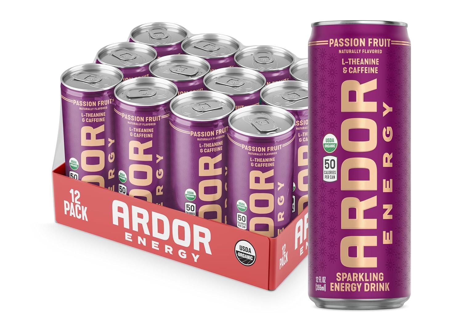 ARDOR ENERGY Natural Sparkling Energy Drink with 100mg Natural Caffeine & 200mg L-Theanine from Organic Green Tea for Smooth Energy & Focus | Healthy Energy Drink | Made with Real Fruit Juice | No Artificial Sweeteners, Just 50 calories, Vegan, Gluten-Free (12 fl oz, pack of 12, Passion Fruit)
