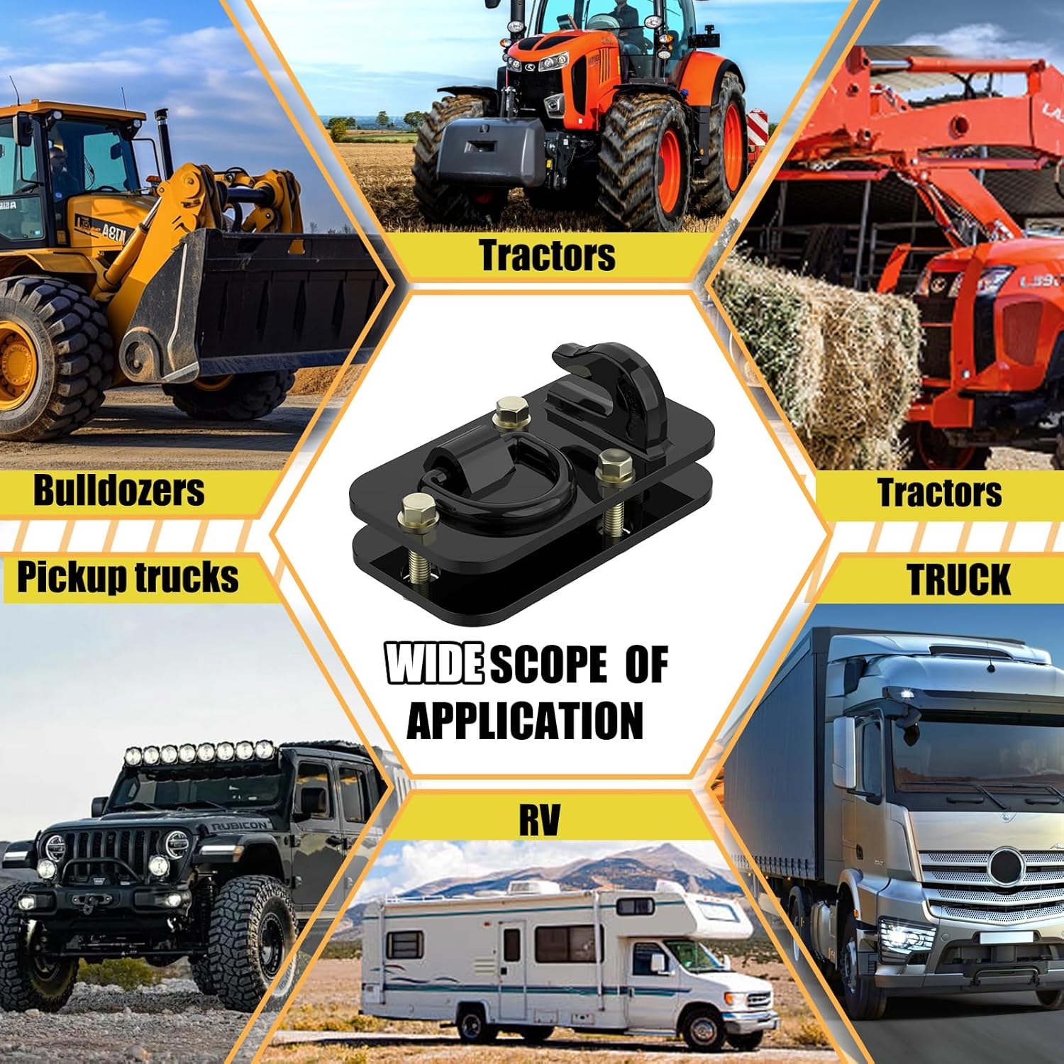 2 Pack 3/8" Tractor Bucket Hooks with Tie Down Ring - Grade 70 Forged Steel Bolt-On Grab Hook with Backing Plate, Max Load 15,000 lbs, Compatible with Kubota, John Deere, RV, UTV, Truck, Black