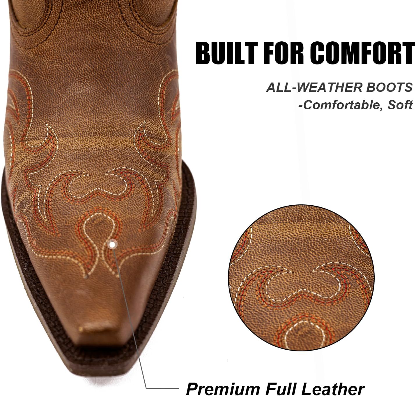 Cowboy Boots for Women, Genuine Leather Wide Calf Embroidered Cowgirl Boots, Pointed Toe Chunky Heel with Pull Tabs, Ideal for Daily Wear, Music Festivals and Parties - Image 5