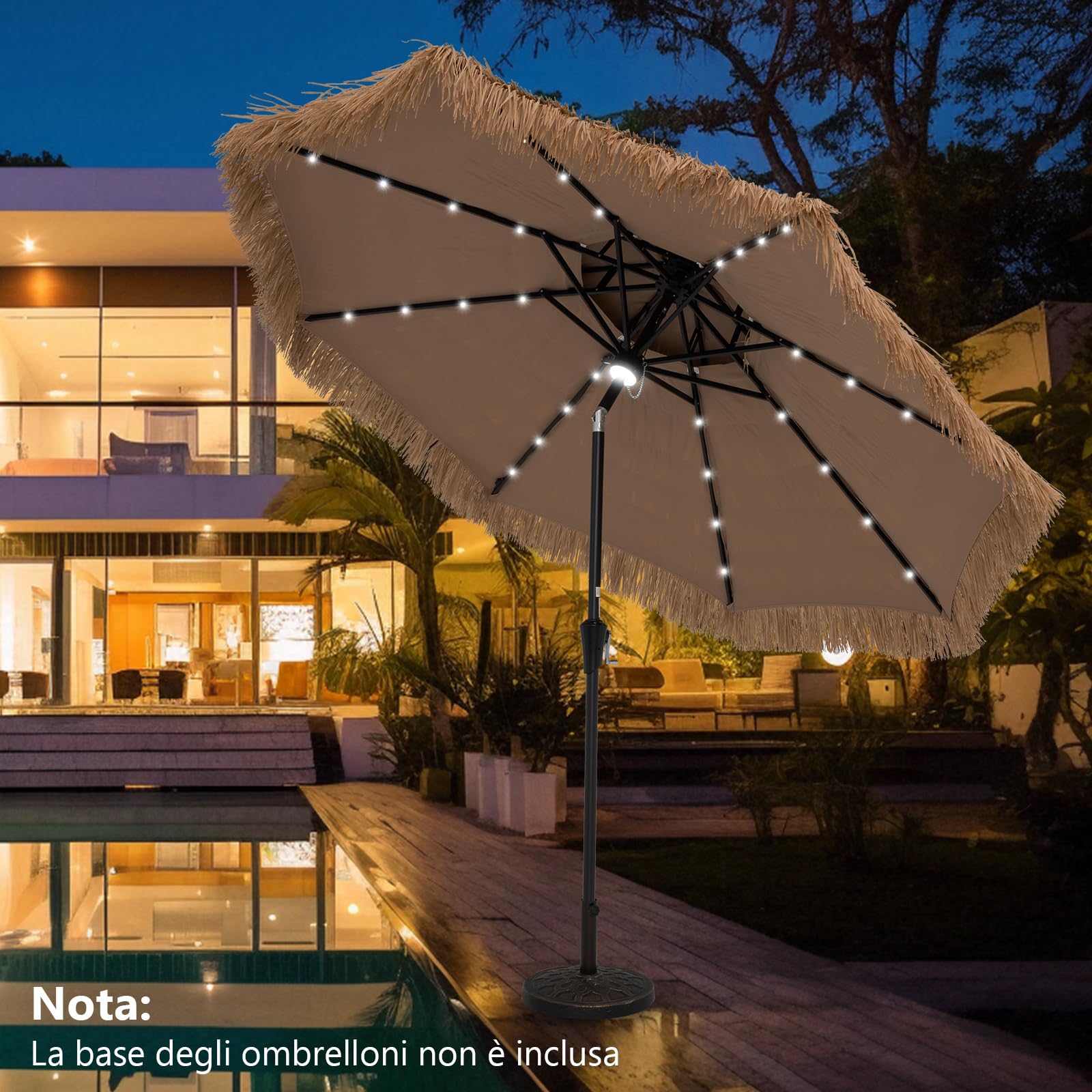 COSTWAY Ombrellone di Paglia in PP 270 cm, con 32 Luci LED, Manovella, Inclinazione Regolabile, Ombrellone Hawaiano da Spiaggia con 8 Stecche (270 cm/32 Luci)