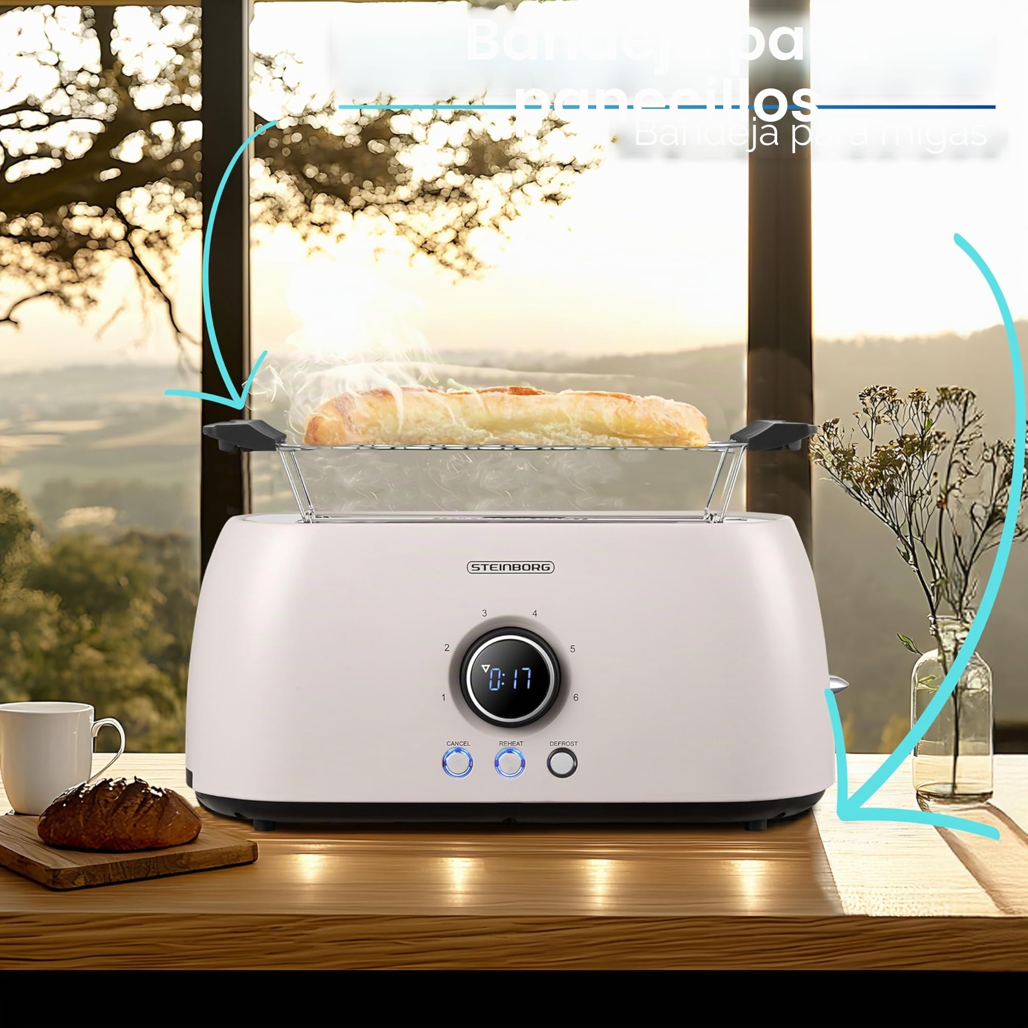 Steinborg - Tostadora para 4 rebanadas con rejilla de repostería, apagado automático, doble ranura para pantalla LED con visualización de tiempo restante - Beige