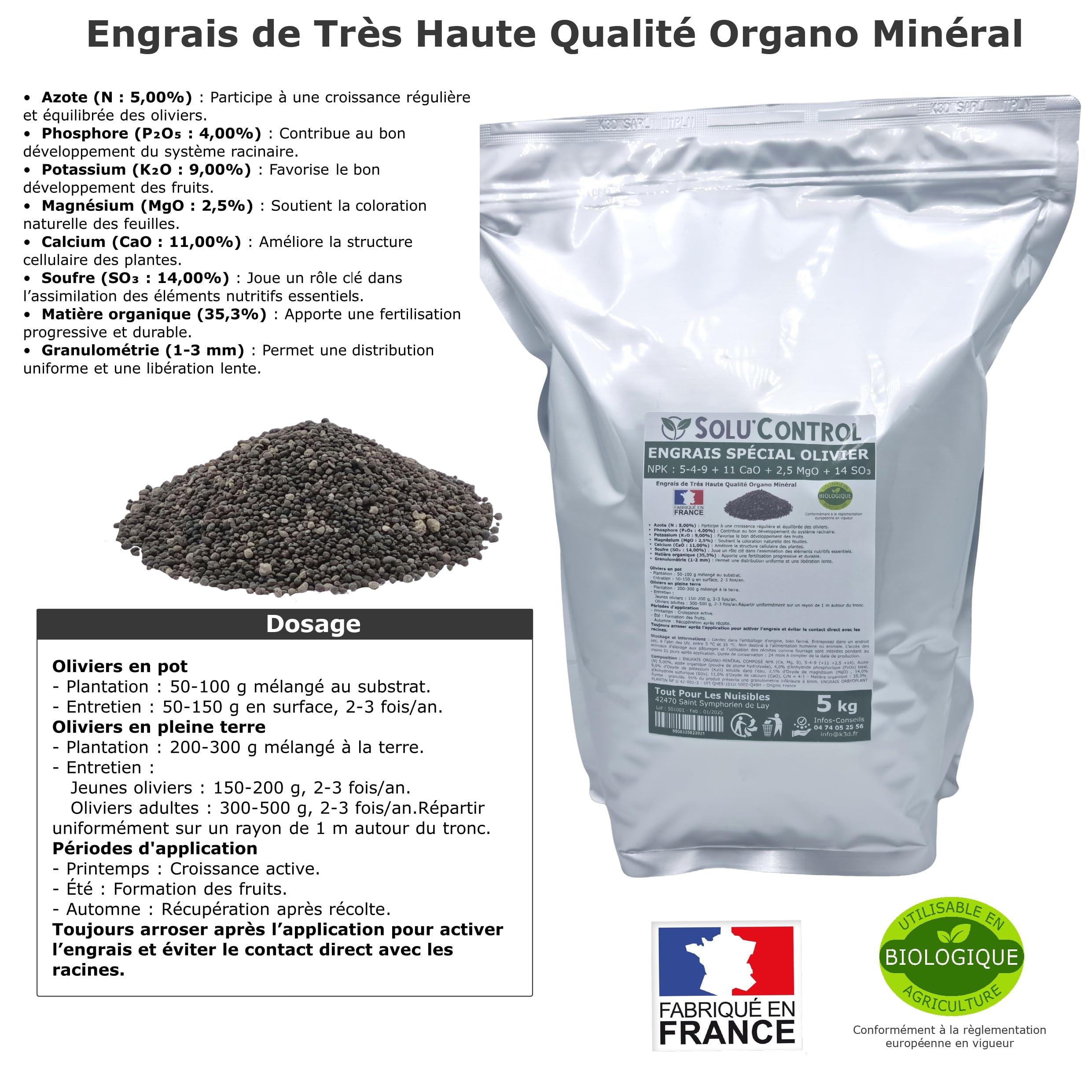 ENGRAIS Spécial OLIVIER 5 kg - SoluControl - Formulation haute qualité Organo-Minerale - NPK 5-4-9 - Utilisable en Agriculture BIOLOGIQUE