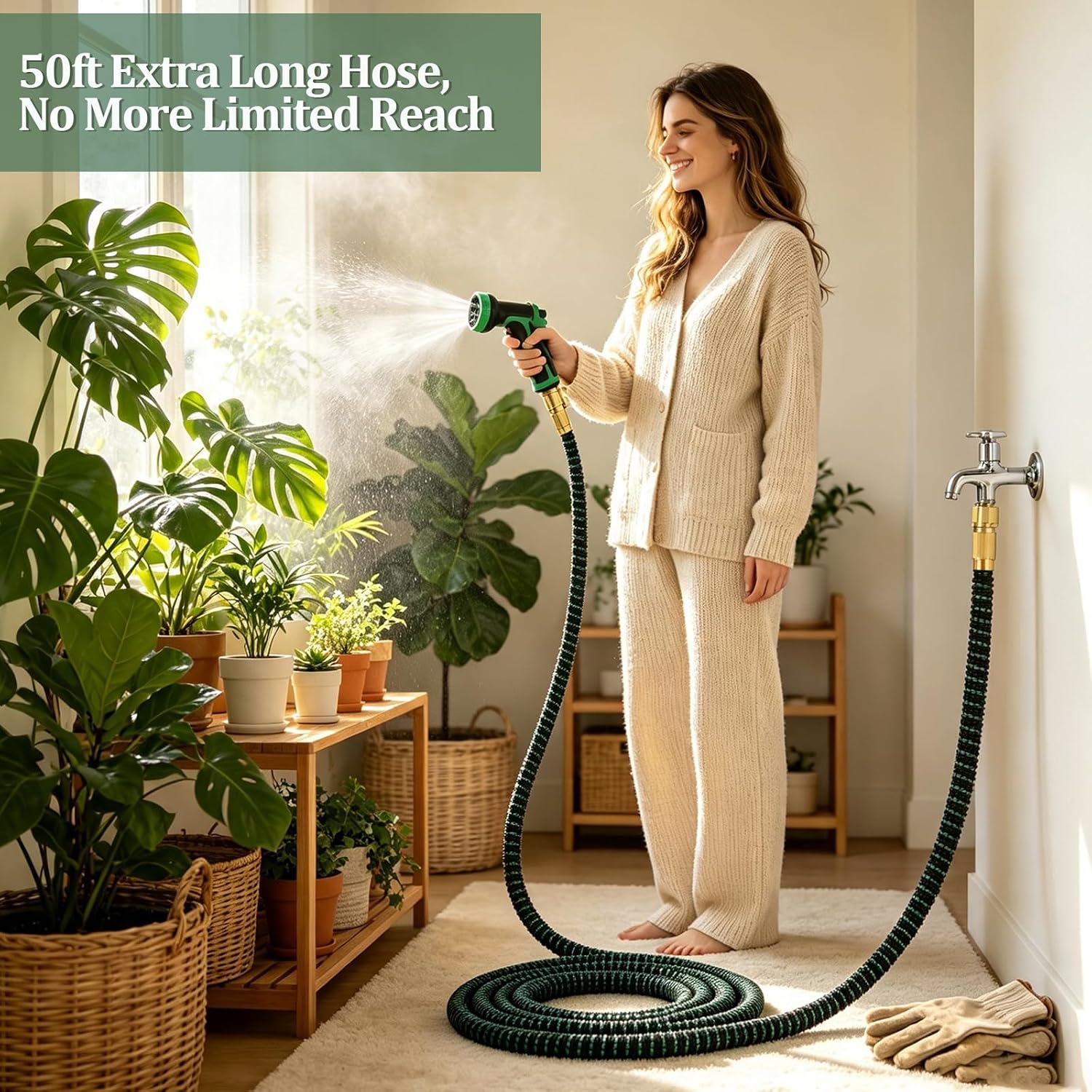 Indoor Sink Attachment for Faucet Sprayer Hose/Holder Set Compatible Faucet Hose with 8 Adapters for Kitchen and Bathroom Faucet, Watering Houseplants Pets Car Household 10-Function Nozzle(50 FT)
