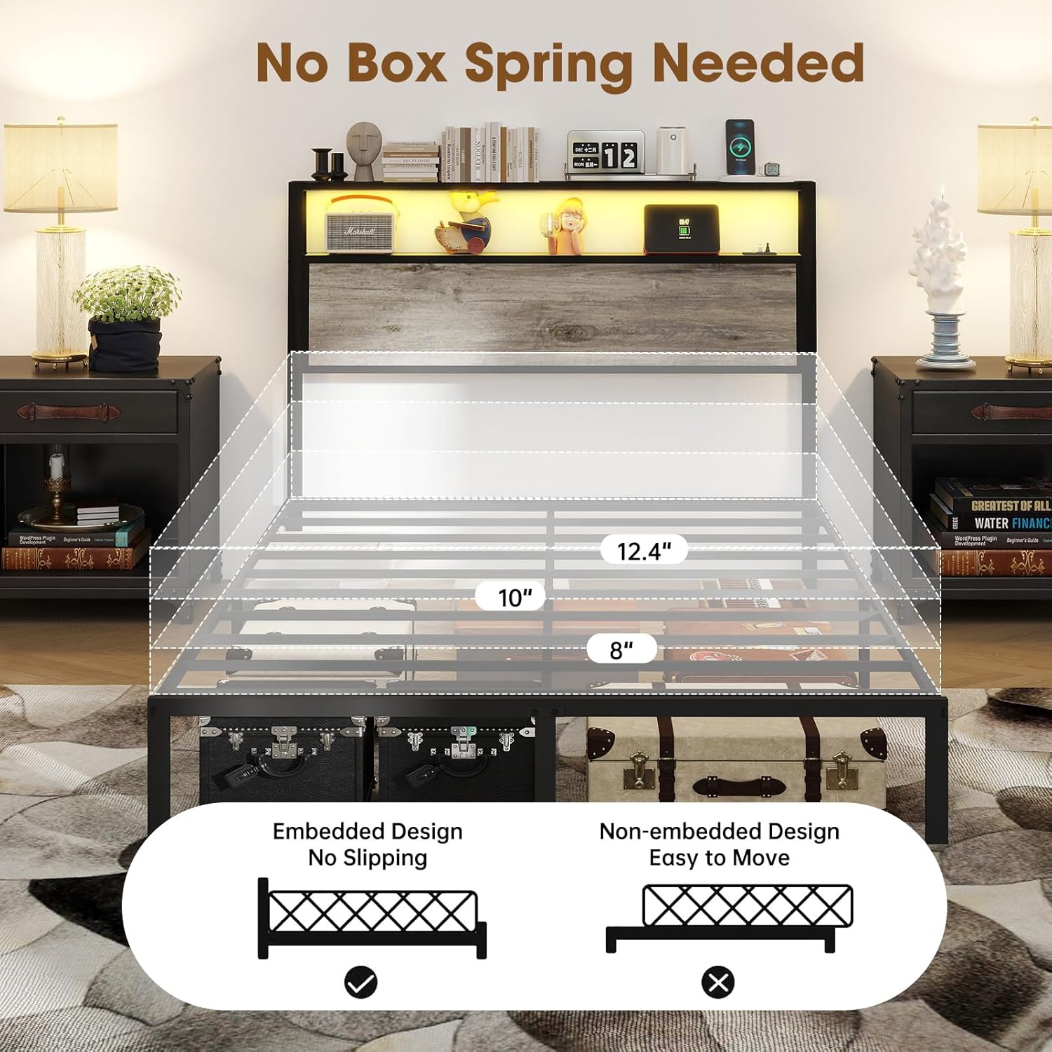 Queen Size Bed Frame with Headboard, Metal Platform Bed Frame with LED Lights & Charging Station, Under Bed Storage, Solid and Stable, No Box Spring Needed, Noise Free, Easy Assembly