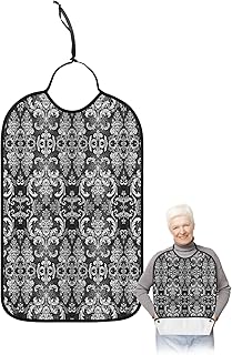 Kewadony Adult Bibs for Elderly Women - Black White Flower Waterproof Dining Clothing Protectors with Crumb Catcher for Eating/Feeding, Ethnic Vintage Floral Pattern Abstract Art Terry Cloth Bib