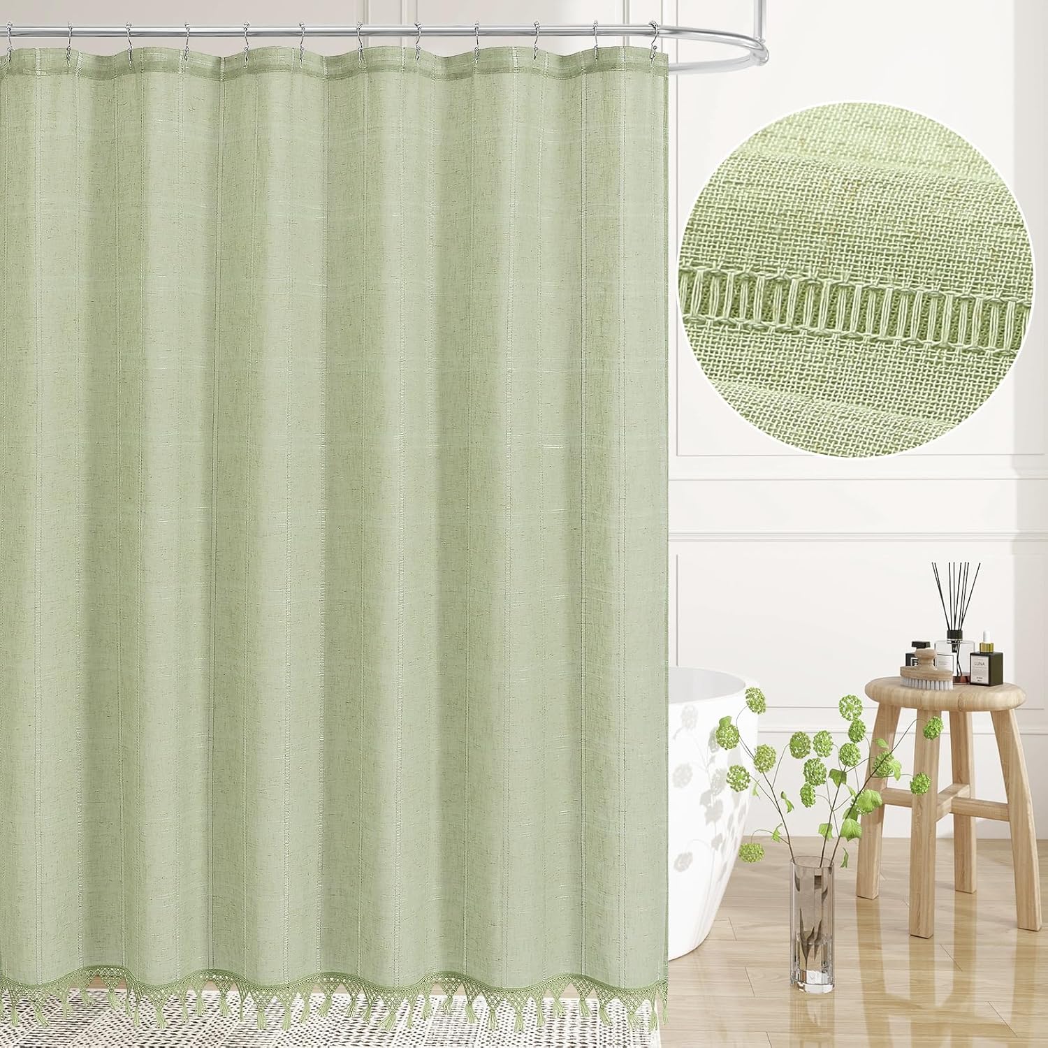 Linen Boho Farmhouse Shower Curtain Set with Tassel, Modern Bohemian French Country Chic Bathroom Shower Curtain Set with PEVA Liner, Cotton Luxury Fabric Shower Curtain,72x72 - Green