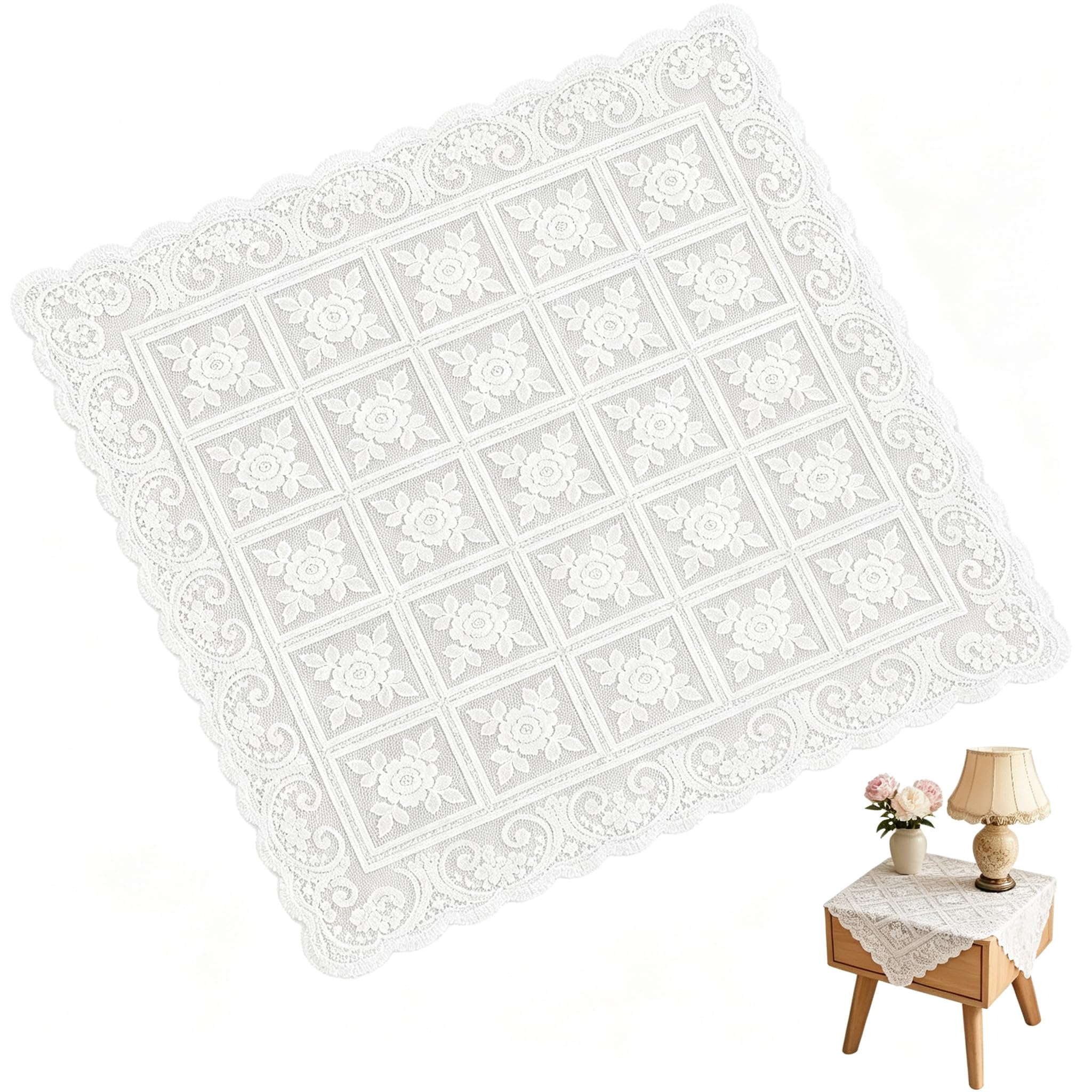 QIANSSE 24" Square Floral Lace Table Cloth, Shiny Flower Tablecloth