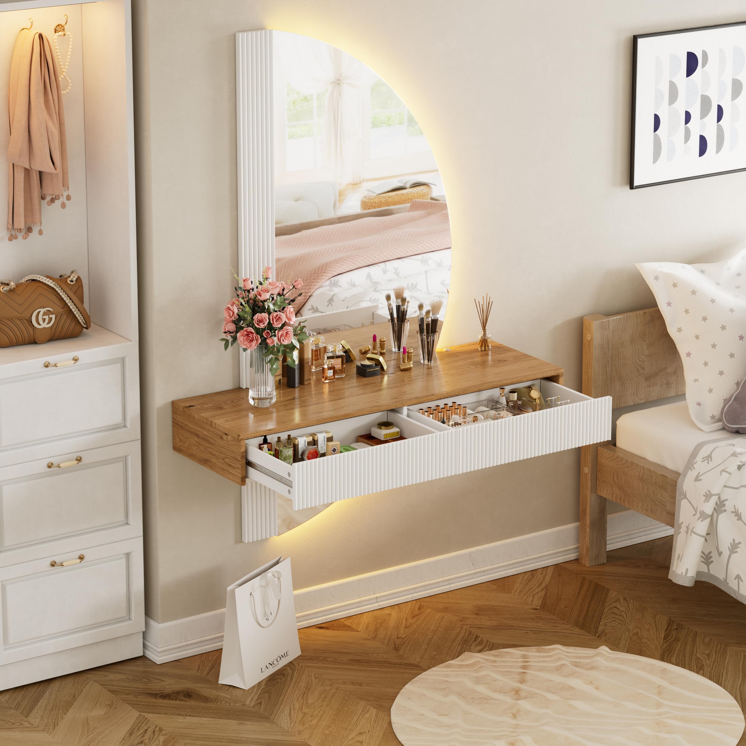 MSFE Tocador Flotante con luz LED y Espejo Semicircular, Penteadeira,Mesa de Maquillaje de Pared con 2 Cajones, Tocador de Maquillaje, Altura Regulable, Ahorro de Espacio, 120 x 40 x 160cm