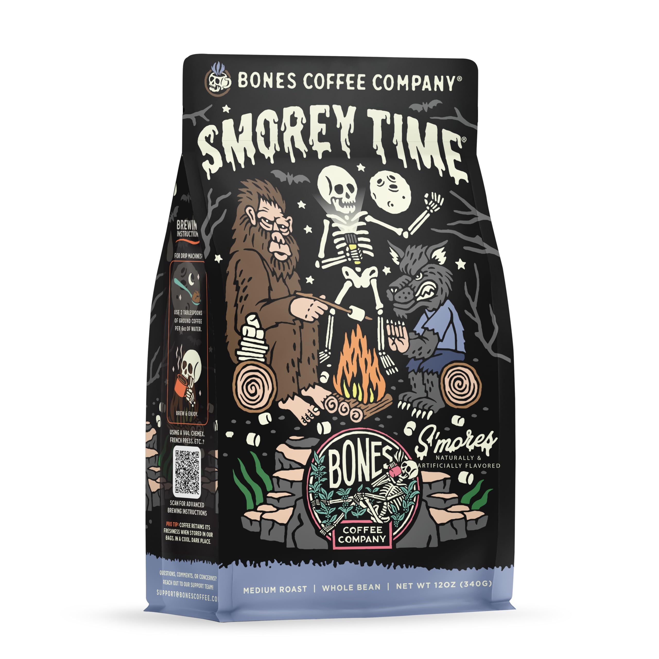Bones Coffee Company S'morey Time, S'mores and Graham Crackers Flavored Coffee, Medium Roast Low Acid Arabica Beans Compatible with Auto drip and French Press Coffee Maker, 12 Oz Whole Bean